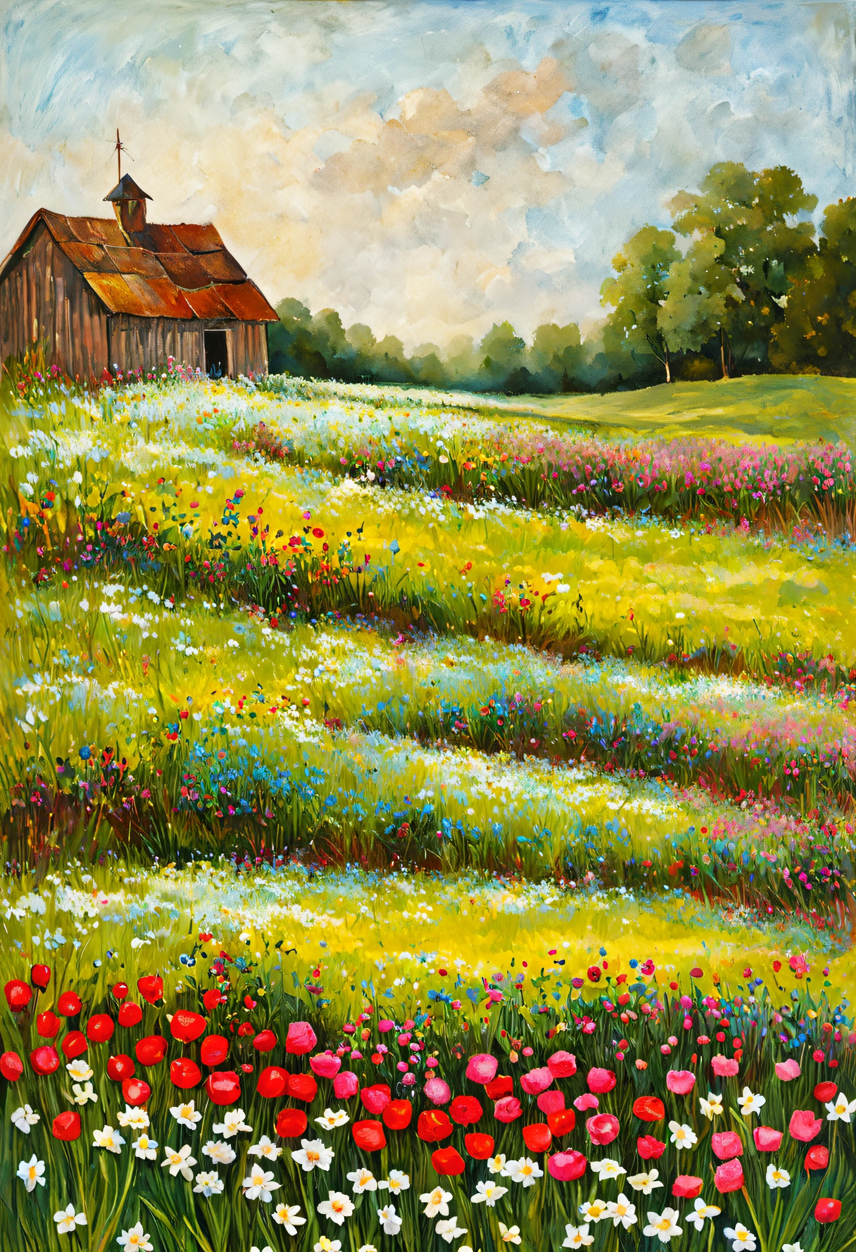 spring meadow scene, flowers for sale in foreground in rustic style box