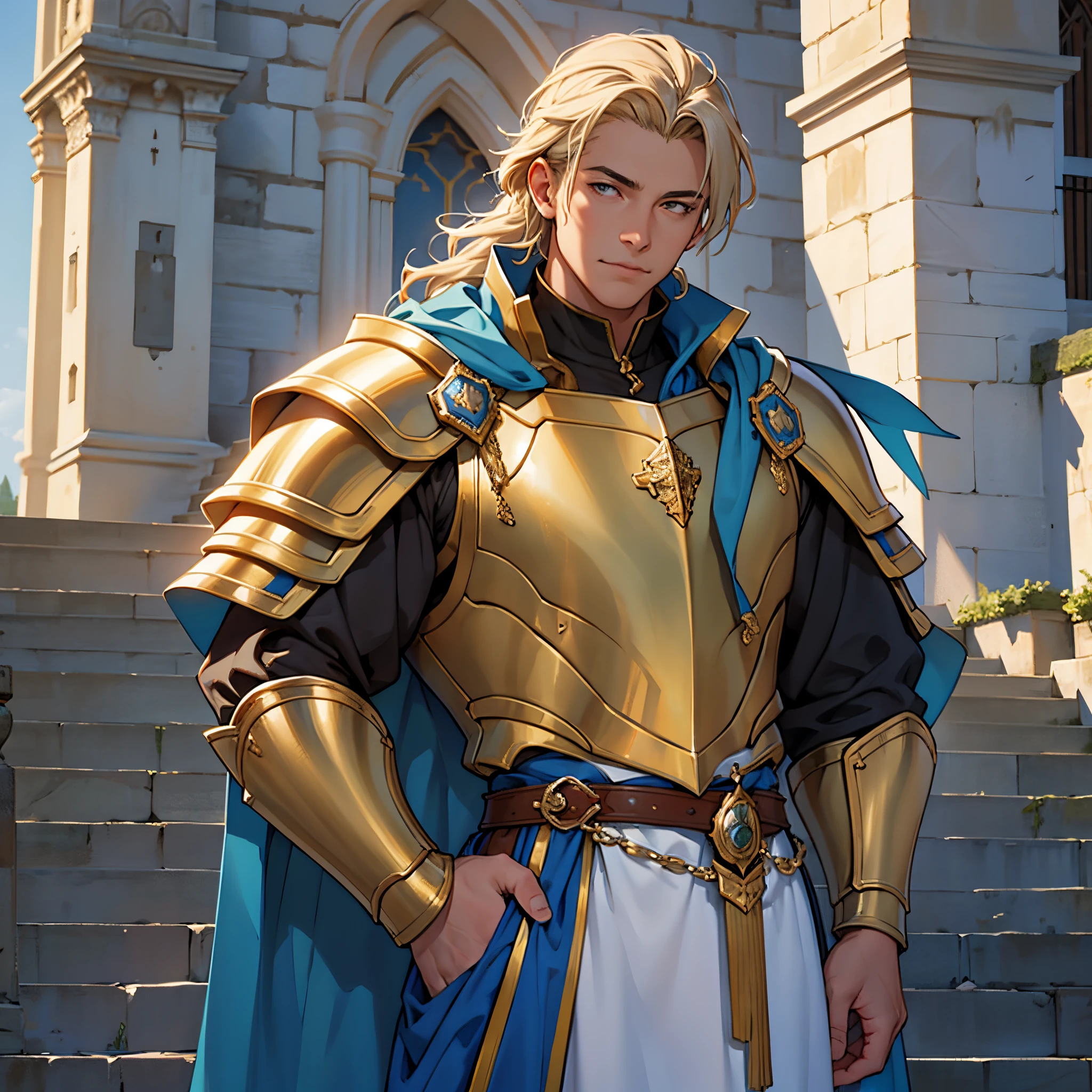 ​masterpiece, Best Quality, 4k, Very detailed, Close-up of a person&#39;Upper body body, Background with:In front of the stairs of a medieval castle built on a lake, knight in golden armor and blue cloak,