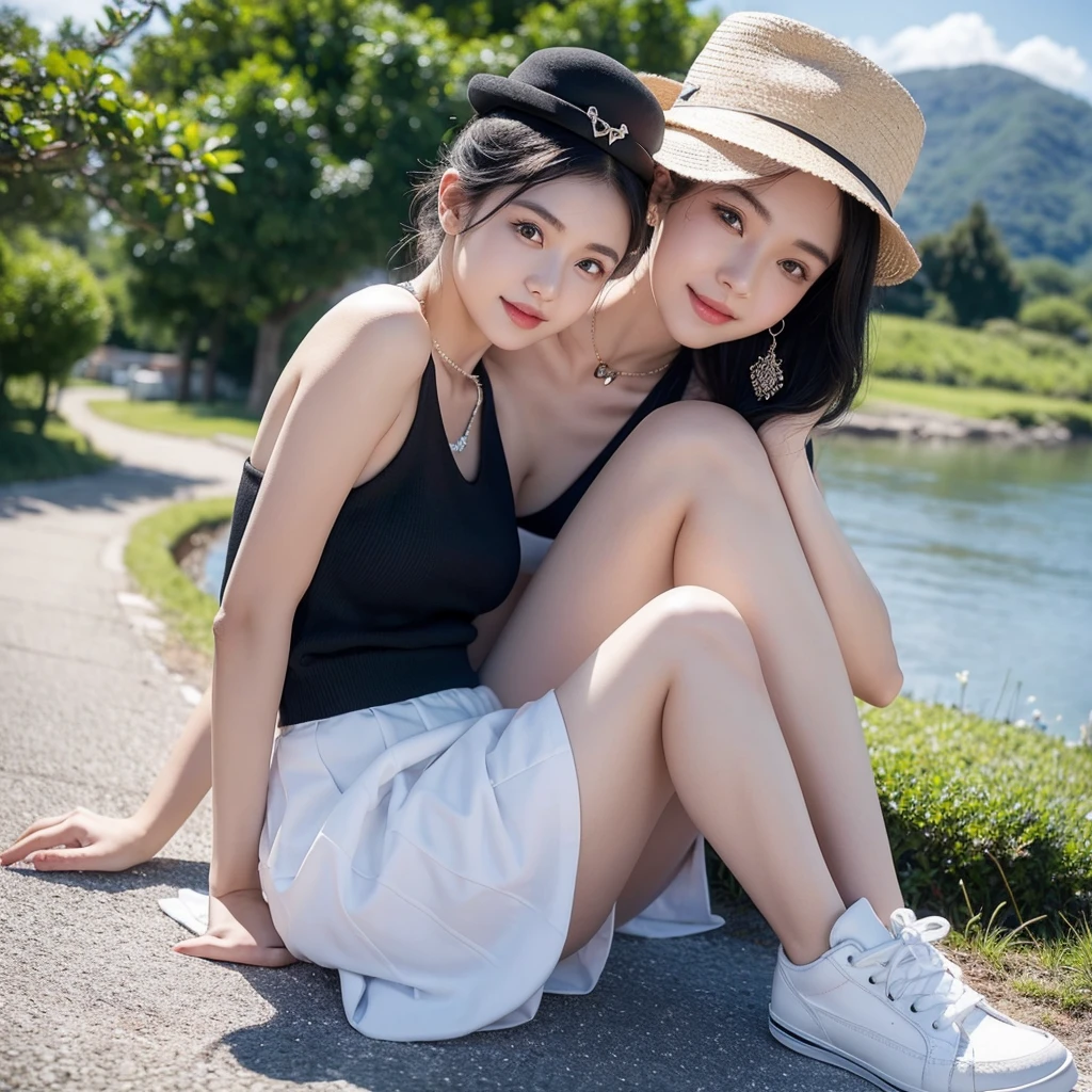 A girl with short black hair,innocent small face,smiling, light blue eyes, peirced ears, fair white skin,slim body fully shown, black hat in her head, black one piece skirt till her knees, white shoes, sitting on a landscape with a great view upfront of beautiful blue sky with clear white clouds, looking side ways towards the , a small necklace with a heart on it, one hand on top of her head another on the land scape, focusing mainly on her,