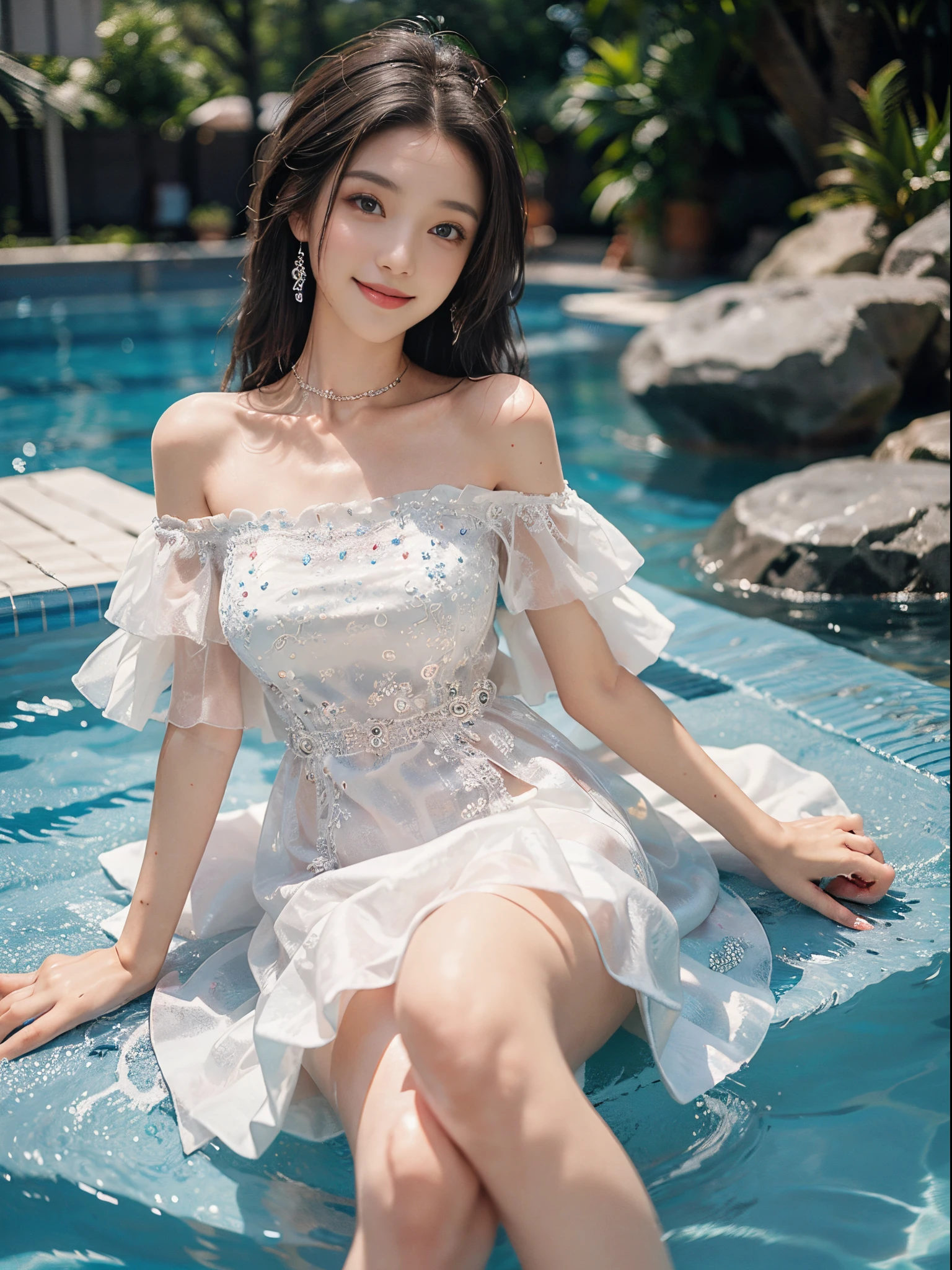 (A beautyful girl,young female model,Sweet girly outfit,Off-the-shoulder dress,jewely, (The white, blue), Splash in the swimming pool, Random shooting angle, posing elegantly,Deleite para la vista, tmasterpiece, Best quality at best, Extremely detailed description, Ultra-fine painting, delicated face, slim toned body, ssmile, Hefty Smile)