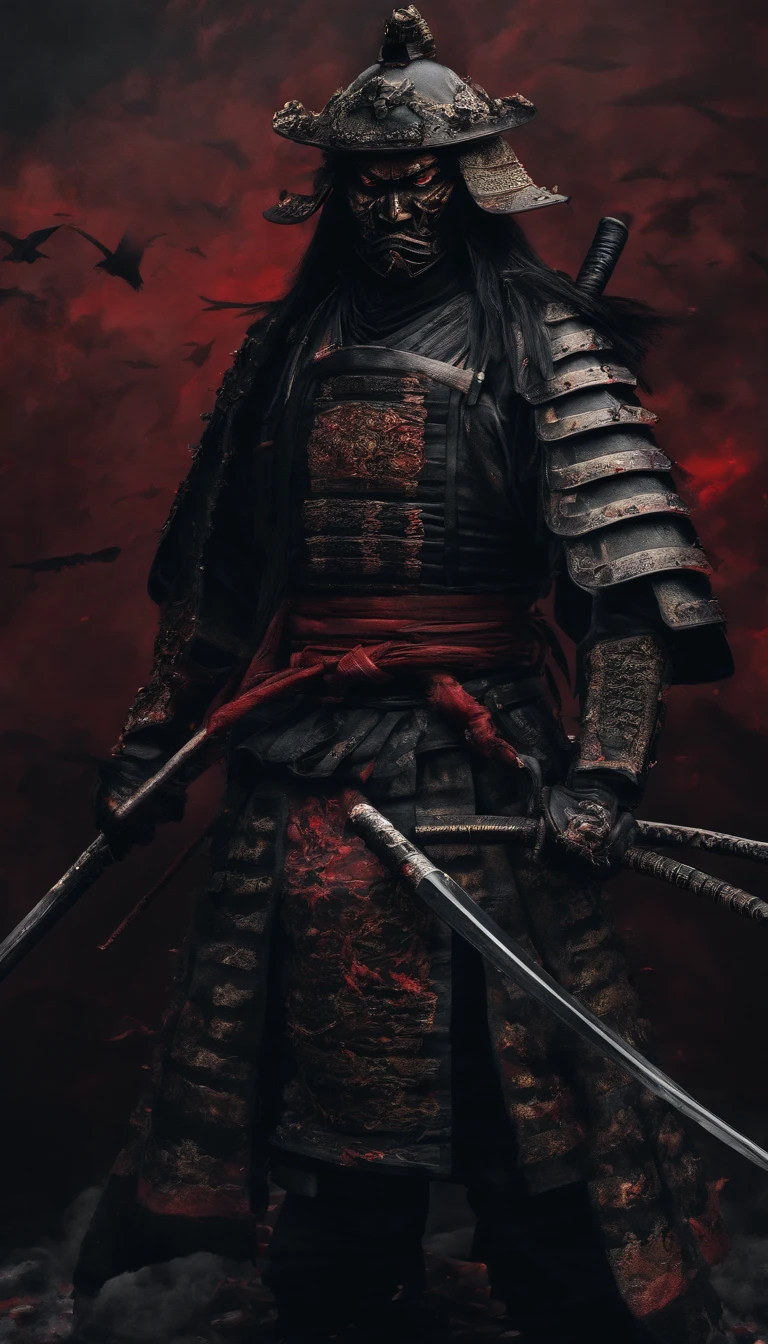 (Best quality,4K,8K,A high resolution,Masterpiece:1.2),Ultra-detailed,(Realistic,Photorealistic,photo-realistic:1.37),Feudal Japanese samurai of the Warring States period, Wearing a full suit of samurai armor, Wearing a black samurai mask, Wielding a sharp katana, Exudes a strong sense of intimidation, Glowing red eyes, Mikawa Samurai