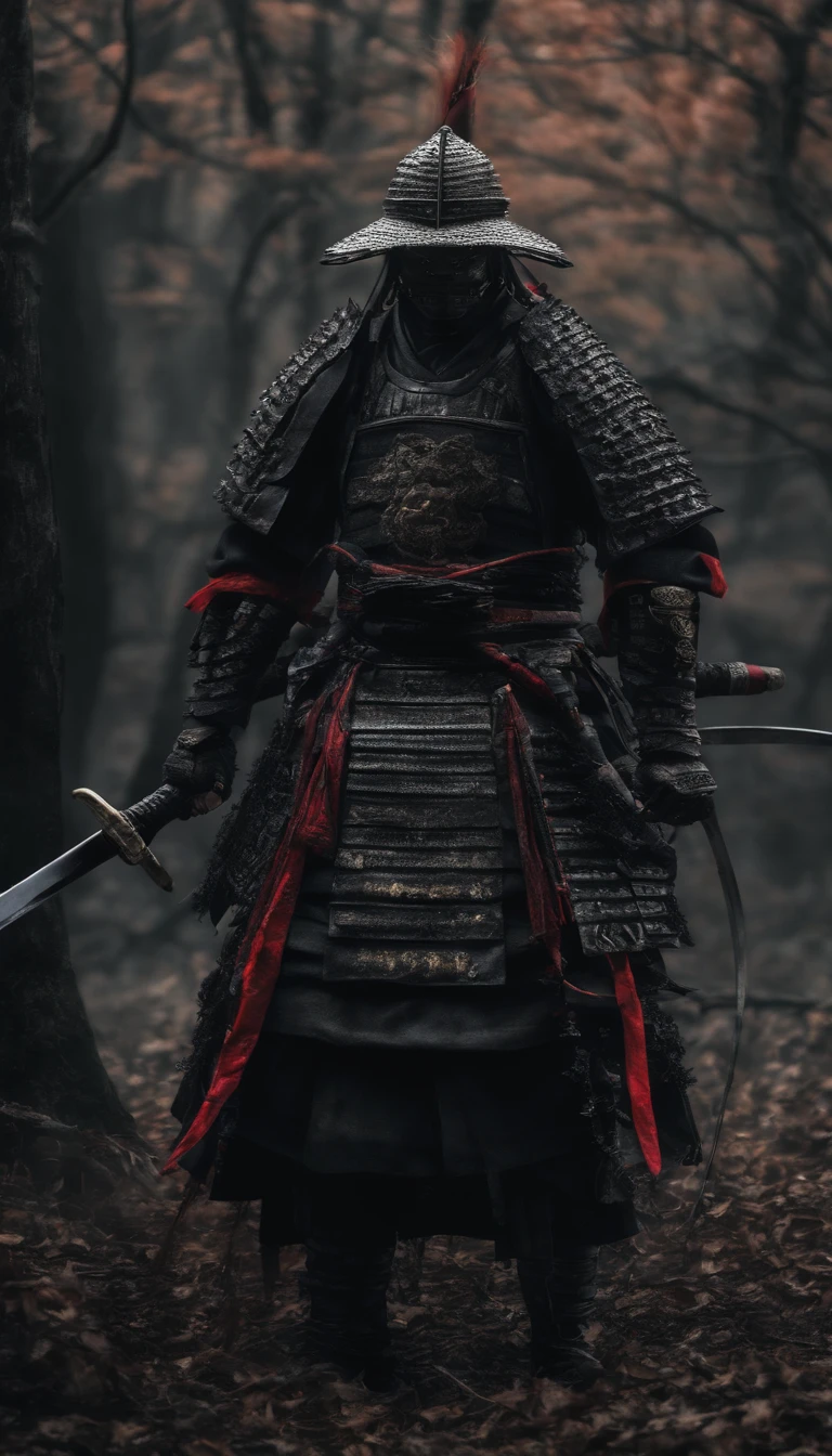 (Best quality,4K,8K,A high resolution,Masterpiece:1.2),Ultra-detailed,(Realistic,Photorealistic,photo-realistic:1.37),Feudal Japanese samurai of the Warring States period, Wearing a full suit of samurai armor, Wearing a black samurai mask, Wielding a sharp katana, Exudes a strong sense of intimidation, Glowing red eyes, Mikawa Samurai