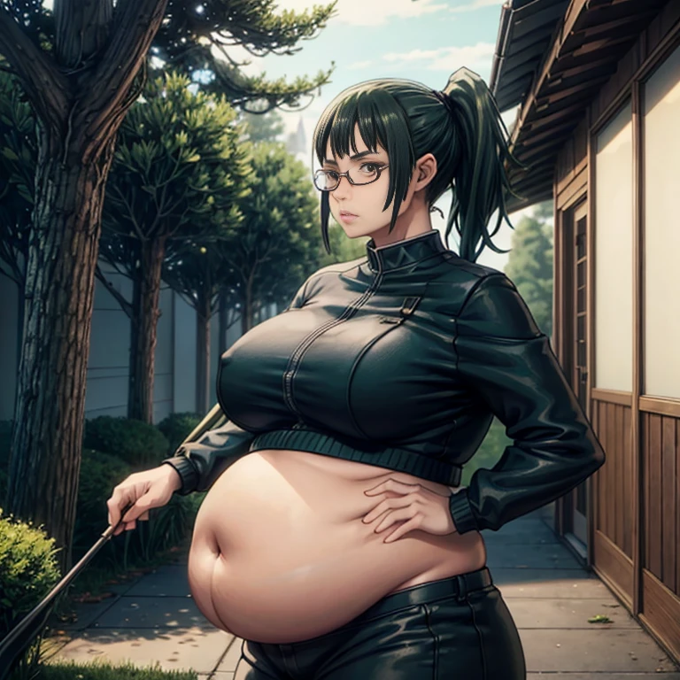art by kipteitei, 1girl, dark green hair , hair in pony tail, maki zenin from the anime jujutsu kaisen, big plump belly, huge belly, huge belly, pretty face, nose, lips, beautiful eyes, circle glasses, (best quality, masterpiece, 4k, sharp focus), professional photograph, sharp focus, dramatic, award winning, cinematic lighting, octane render, unreal engine, volumetrics dtx,