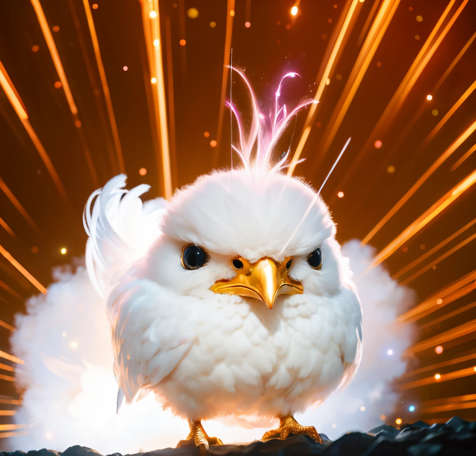 magic chicken, kawaii, Fluffy, Sparkling stars body painting, Fantasy Forest, photorealistic paintings, Focus sharp, 8K, Perfect work, Hot topics on artstation, an award winning photograph, not real,fenghuang,without humans