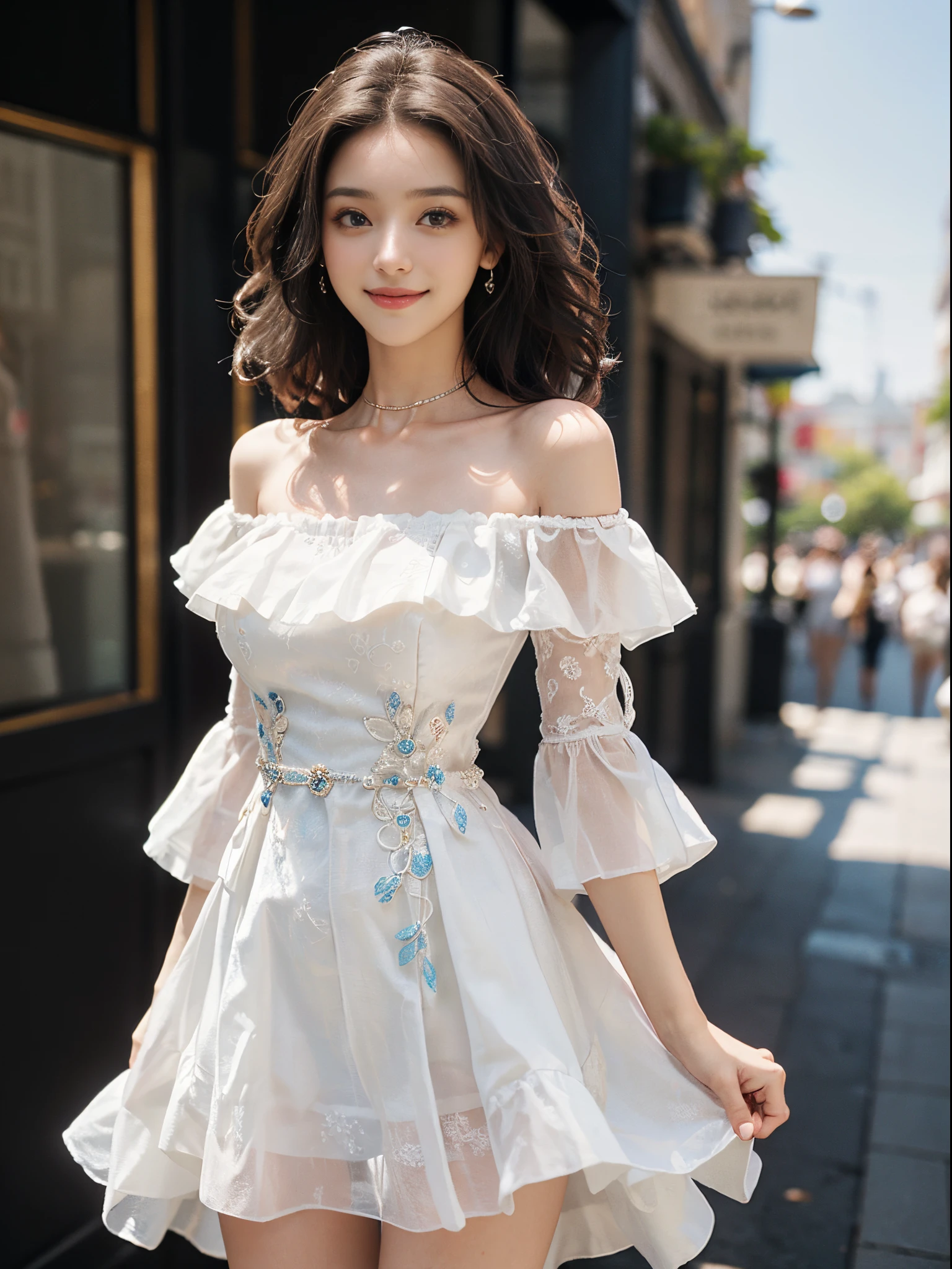 (A beautyful girl,young female model,Sweet girly outfit,Off-the-shoulder dress,jewely, (The white, blue), exteriors, Random scenes, Random shooting angle, Random pose, posing elegantly,Deleite para la vista, tmasterpiece, Best quality at best, Extremely detailed description, Ultra-fine painting, delicated face, slim toned body, ssmile, Hefty Smile)