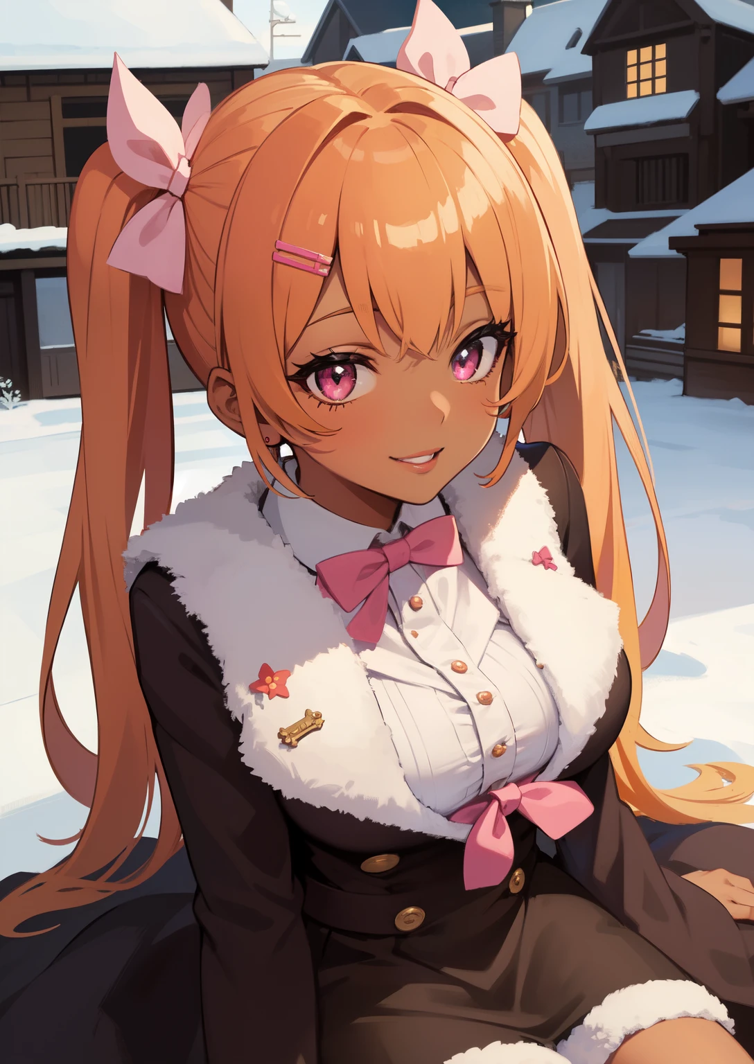 darkskin+++, dark brown skin1:8++, orange hair, twintails+, pink eyes+++, big breast+, thick lips, bows symbol+, pink bow+, hairclips+, heart symbol+, detailed eyes, lips, (highest quality, amazing details:1.3), (solo:1.3), masterpiece, glossy lips, dolly lips+, outside background, snowing, winter, coat+, stockings, bow symbol+, winter outfit, smile+, skirt+, sitting, house in background, close up,