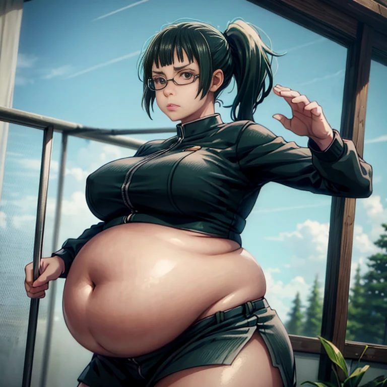 art by kipteitei, 1girl, dark green hair , hair in pony tail, maki zenin from the anime jujutsu kaisen, big plump belly, huge belly, huge belly, pretty face, nose, lips, beautiful eyes, circle glasses, (best quality, masterpiece, 4k, sharp focus), professional photograph, sharp focus, dramatic, award winning, cinematic lighting, octane render, unreal engine, volumetrics dtx,