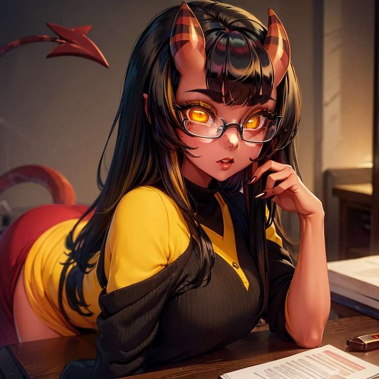 (masterpiece:1.3), (best cinematic quality:1.2), (extremely detailed setting:1), (soft+artistic lighting), (1girl), long black haired, (eyes+yellow+red:1.4), (multicolored eyes+heterochromia), wearing office clothes, red skin, black rimmed glasses, standing seductively against a desk, black devil horns, devil tail, domineering.