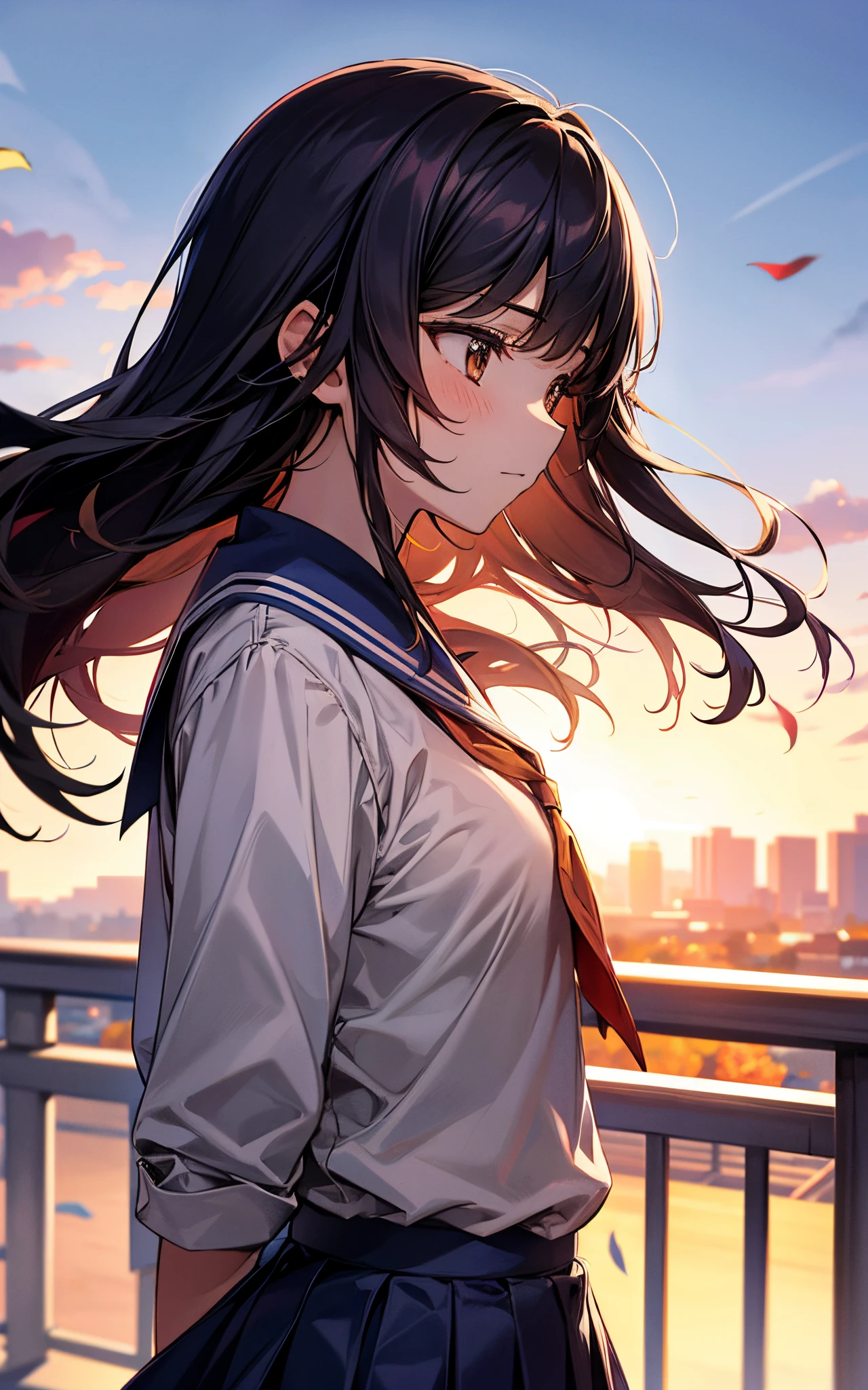 On the rooftop of the high school under the sunset sky、She is wearing a high school uniform、I approached the profile staring into the distance.、The wind was blowing、It was an autumn day