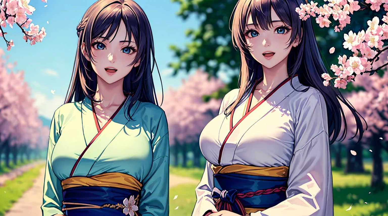 (top quality picture、masterpiece level、very high res、An ultra-high picture quality、High quality pixels)、(1girl in,She is a very beautiful woman、and she is 20 years old、1 person、Single、Beautiful beauties,Beautiful face written in detail,Beautiful body,Strong-willed eyes,Beautiful eyes,Beautiful hair,Beautiful skin texture,Beautiful hair quality)、(Slender body and beautiful breasts)、(Lovely smile,Open mouth)、(She is wearing a beautiful colored long-sleeved kimono,She has a beautiful long-sleeved kimono,Wearing furisode,adult-like),(A path lined with flourishing cherry blossom trees,The wind is blowing,Styling hair by hand,hair affected by wind,Furisode affected by wind),(Beautiful Art Style,an animated character、The whole picture、Detailed picture、accurate anatomy、Defect-free images、extremely detailed picture、Accurate images、image perfect)、(Best Shot Photo 1.2)