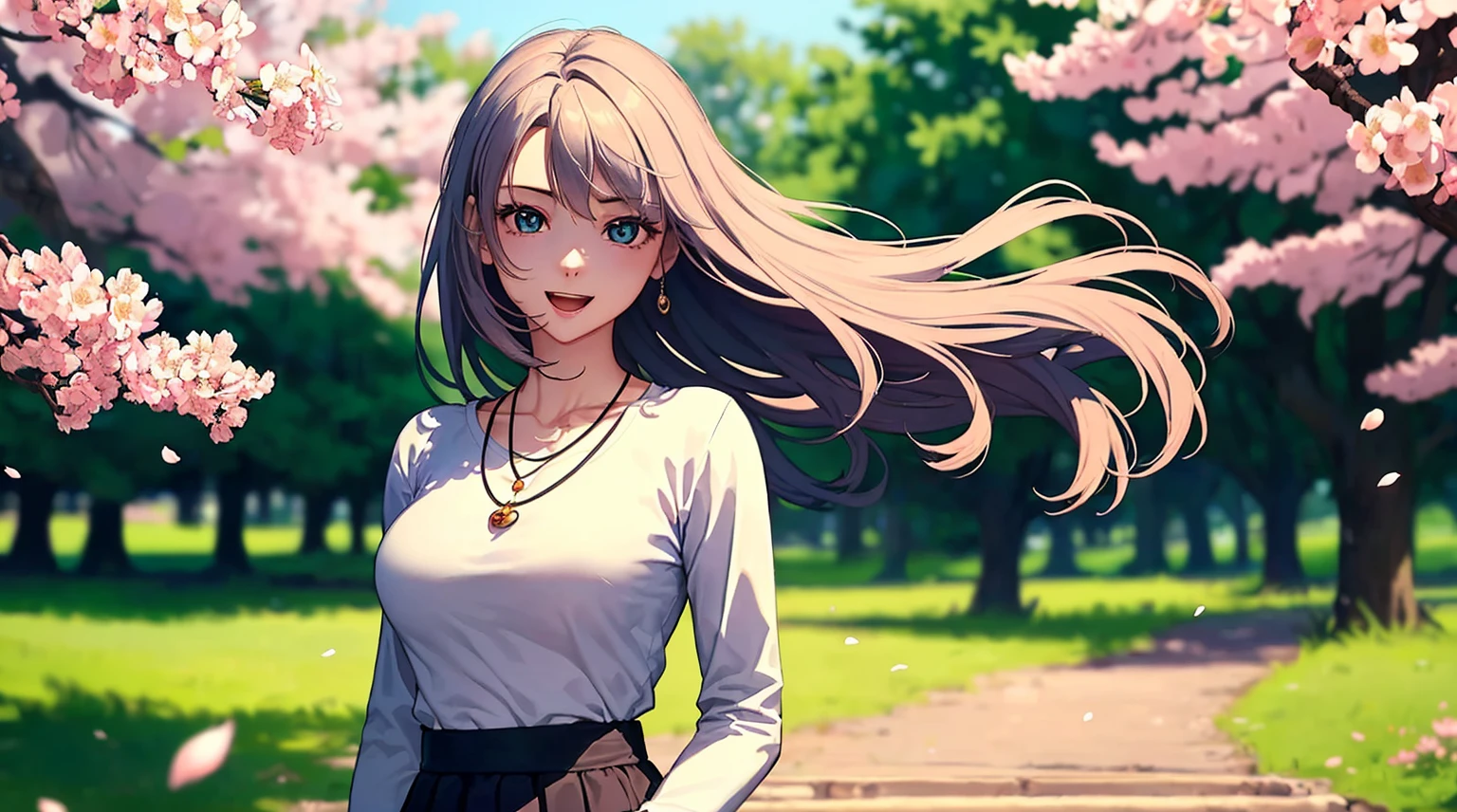 (top quality picture、masterpiece level、very high res、An ultra-high picture quality、High quality pixels)、(1girl in,She is a very beautiful woman、and she is 20 years old、1 person、Single、Beautiful beauties,Beautiful face written in detail,Beautiful body,Strong-willed eyes,beautidful eyes,Beautiful hair,Beautiful skin texture,Beautiful hair quality)、(Slender body and beautiful breasts)、(Lovely smile,Open mouth)、(Wear a sweater with long sleeves,1 diamond necklace,wearing miniskirt,Wearing clothes that expose your shoulders,Beautiful legs are visible,adult-like),(A path lined with flourishing cherry blossom trees,The wind is blowing,Styling hair by hand,hair affected by wind),(Beautiful Art Style,an animated character、The whole picture、Detailed picture、accurate anatomy、Defect-free images、extremely detailed picture、Accurate images、image perfect)、(Best Shot Photo 1.2)