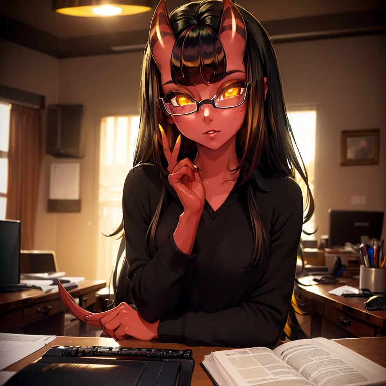 (masterpiece:1.3), (best cinematic quality:1.2), (extremely detailed setting:1), (soft+artistic lighting), (1girl), long black haired, (eyes+yellow+red:1.4), (multicolored eyes+heterochromia), wearing office clothes, red skin, black rimmed glasses, standing seductively against a desk, black devil horns, devil tail, domineering.