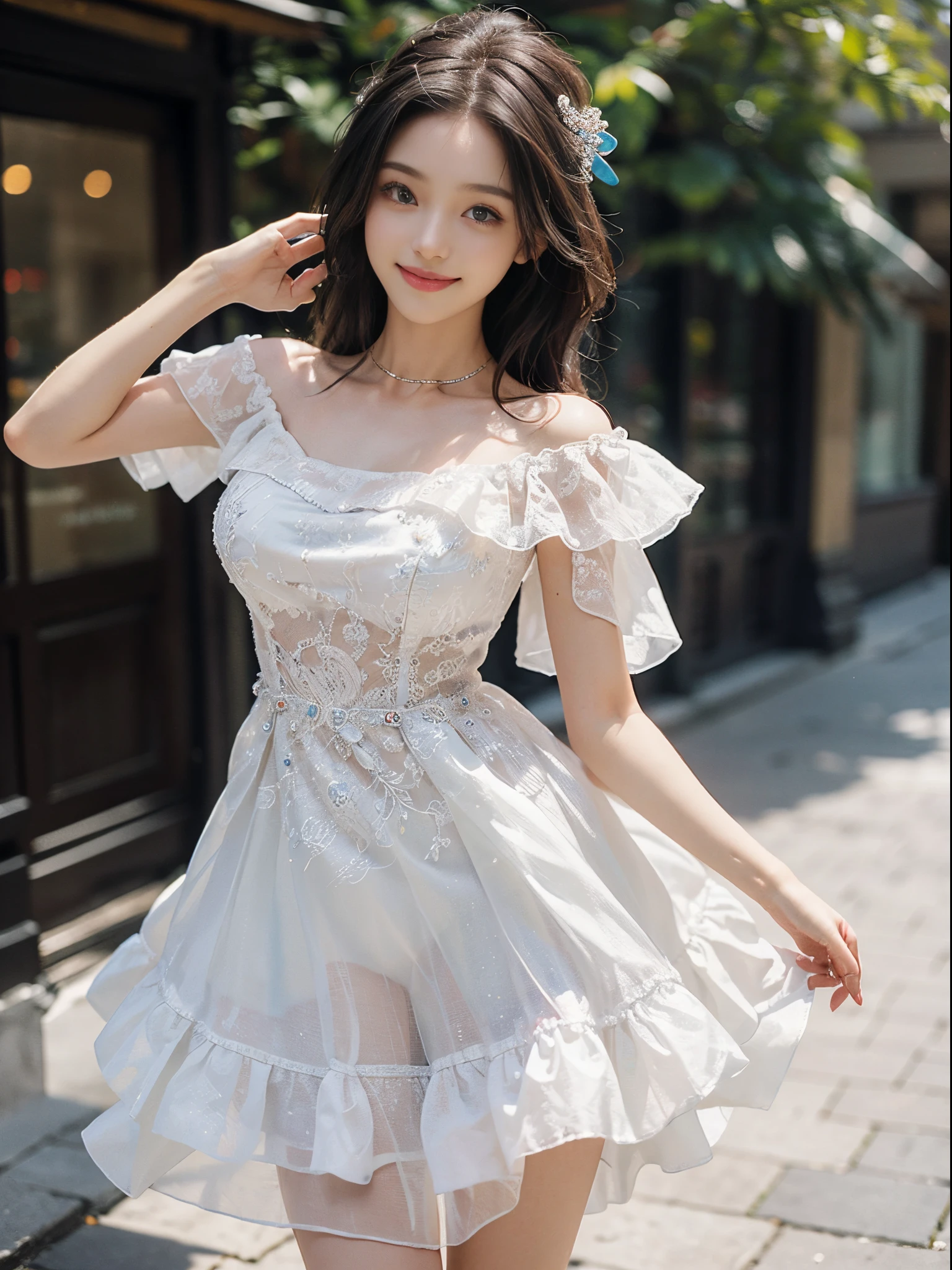 (A beautyful girl,young female model,Sweet girly outfit,Off-the-shoulder dress,jewely, (The white, blue), exteriors, Random scenes, Random shooting angle, Random pose, posing elegantly,Deleite para la vista, tmasterpiece, Best quality at best, Extremely detailed description, Ultra-fine painting, delicated face, slim toned body, ssmile, Hefty Smile)