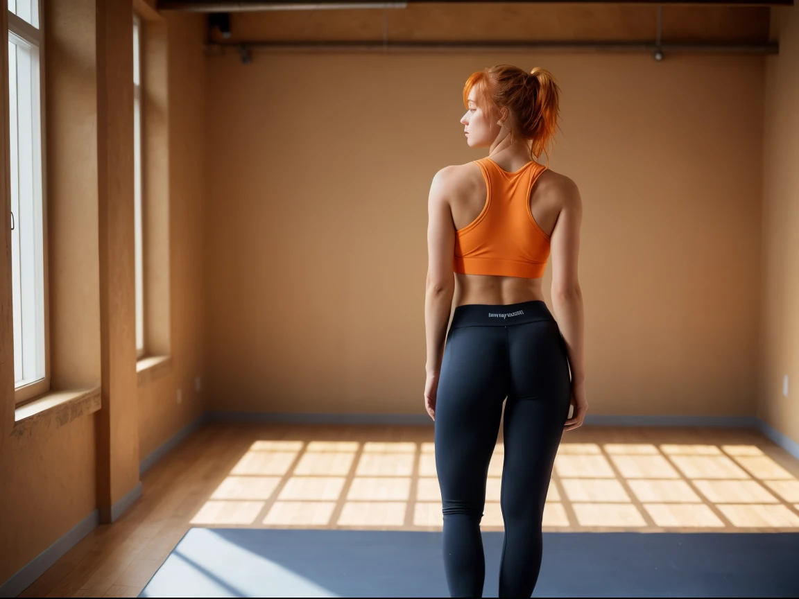 (full body shot:1.2), (((masterpiece))), ((one) girl 22 year old) (((Caucasian))) french girl with shoulder length messy  orange hair, she is petite. She is wearing gym top and yoga pants, she facing away from the camera in a well lit gym, taken with, Canon 85mm lens, extreme quality, heavily retouched, heavy makeup, very high quality, flawless beauty,