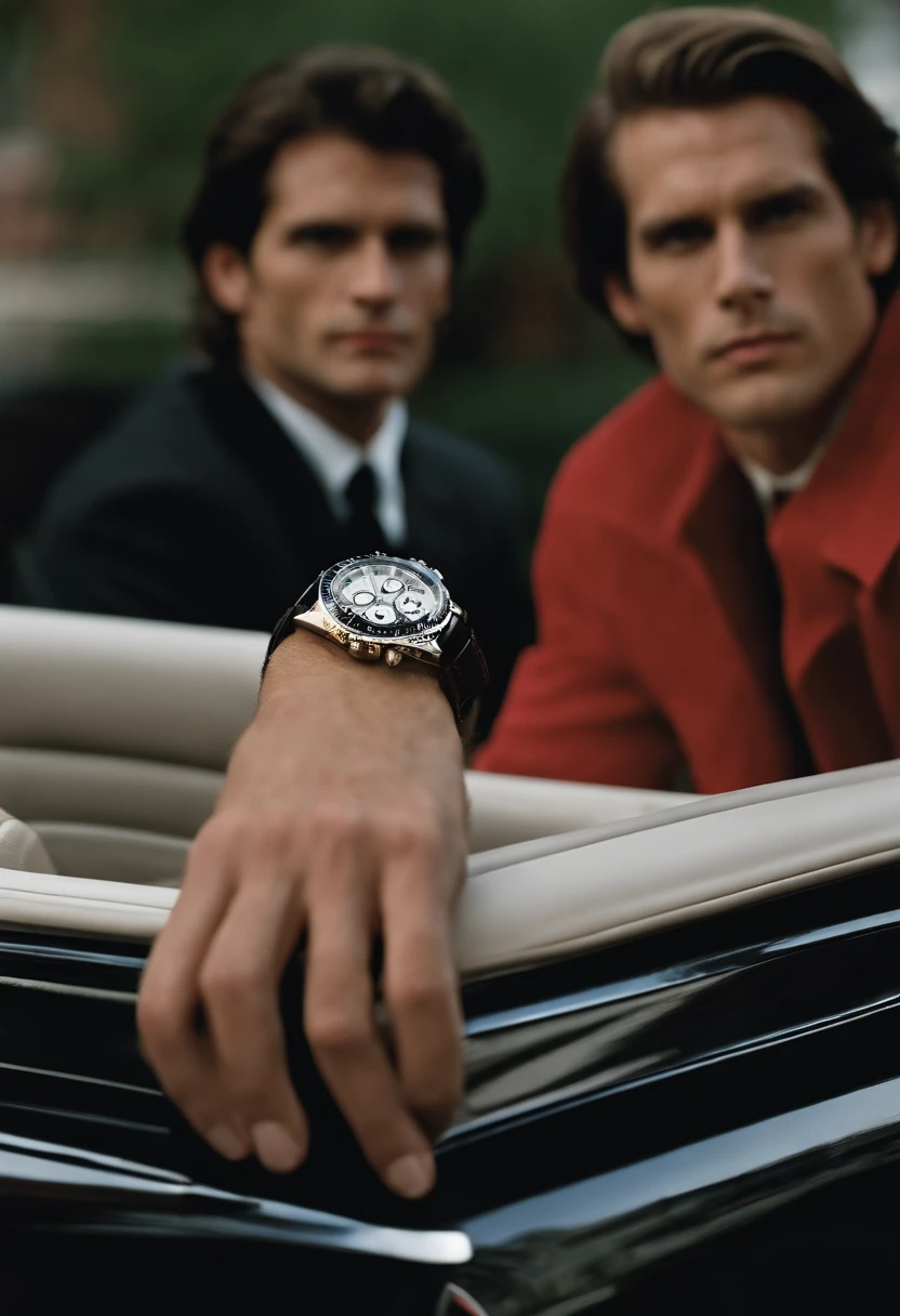 A close-up photo of a vintage Rolex Daytona watch with a leather strap,American Psycho (2000 film),Patrick Bateman, the protagonist of “American Psycho,” is depicted as a quintessential 1980s Wall Street yuppie with a polished appearance: slicked-back hair, a chiseled, handsome face, and an impeccable wardrobe that underscores his obsession with status and material success. His physique is well-maintained with rigorous exercise, reflecting his vanity and concern with external perceptions. , male