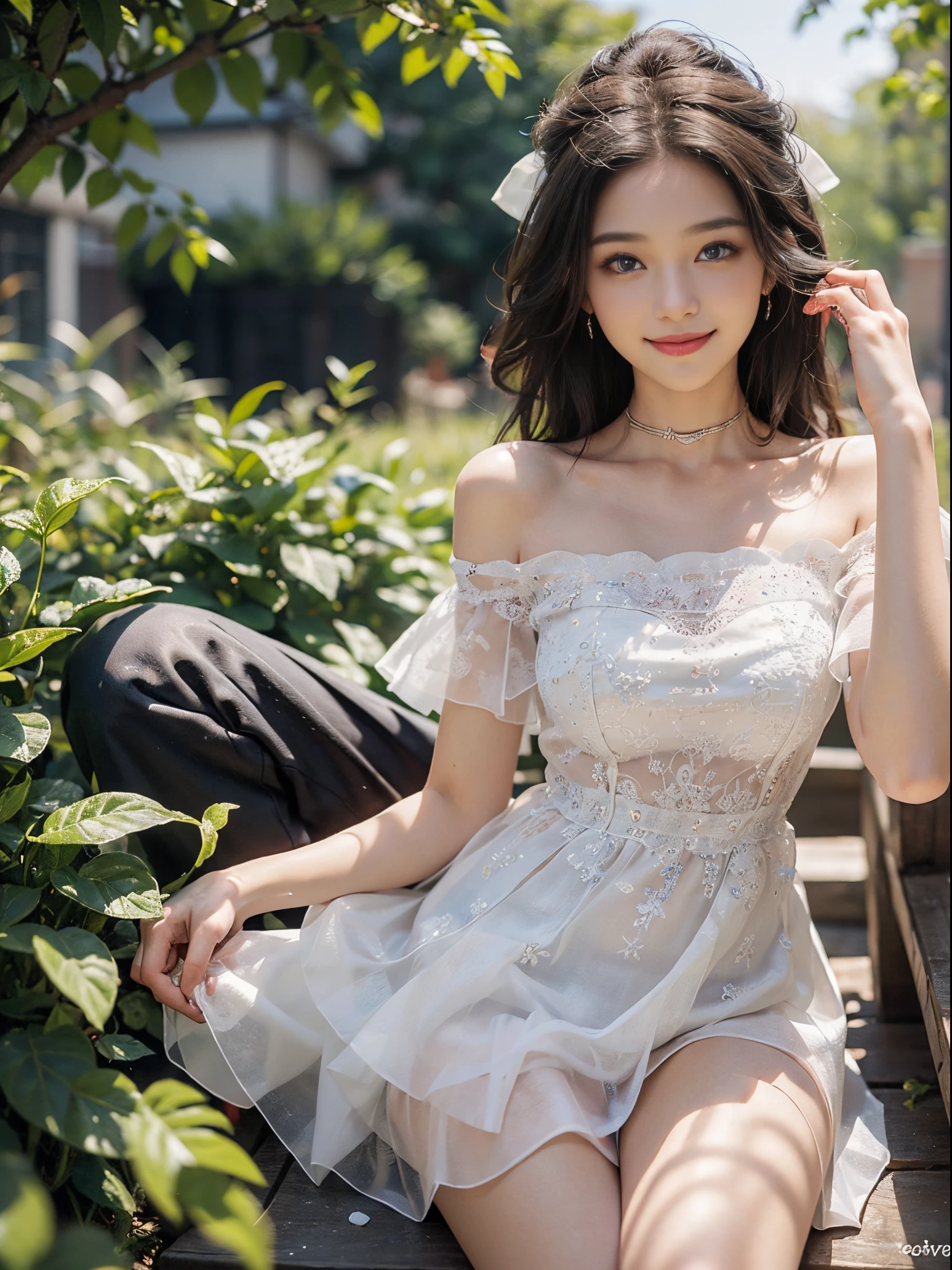 (A beautyful girl,young female model,Sweet girly outfit,Off-the-shoulder dress,jewely, (The white, blue), exteriors, Random scenes, Random shooting angle, Random pose, posing elegantly,Deleite para la vista, tmasterpiece, Best quality at best, Extremely detailed description, Ultra-fine painting, delicated face, slim toned body, ssmile, Hefty Smile)