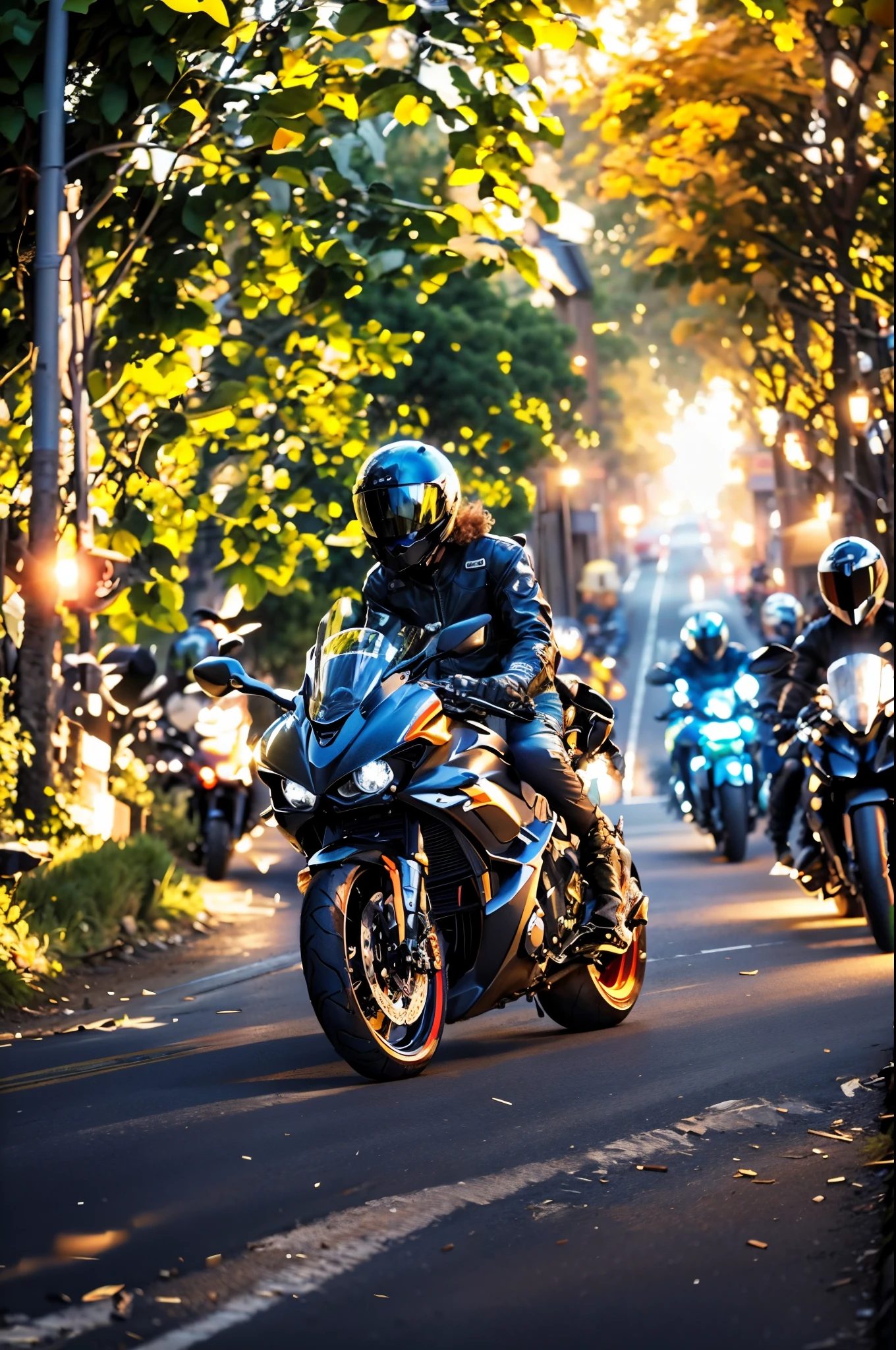 motorcycles are driving down a road with people riding on it, riding a motorbike down a street, touring, riding on the road, riding a motorcycle, motorbiker, biker, one motorbike in center of frame, riding a motorbike, r6, motorcycles, active, riding in the town of doom, riding, reddit post, picture of a male biker, motorcycle