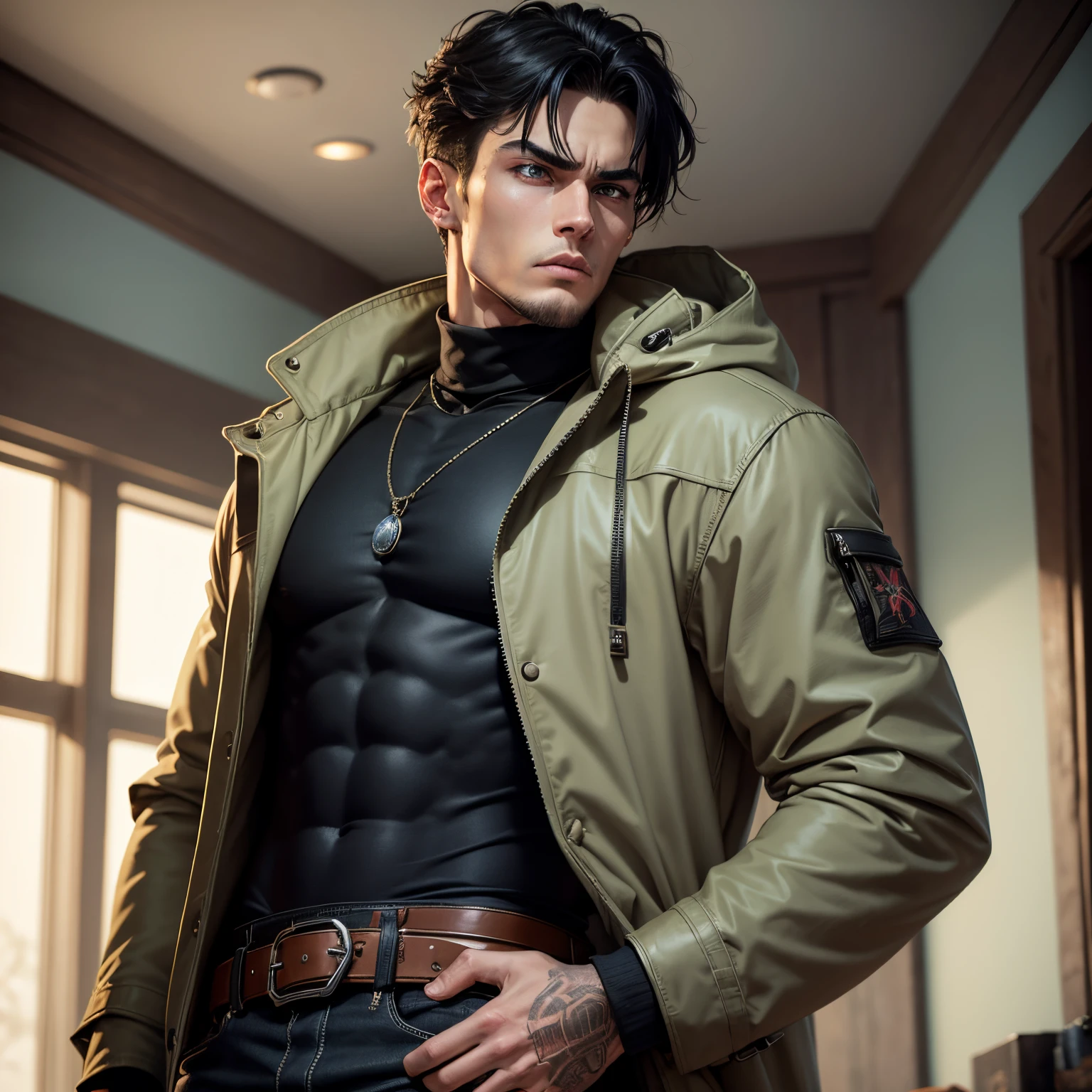 8k, masterpiece, best quality, realistic, higly detailed, cowboy shot, 1boy, solo, Fuutarou, young man, fair skin, black hair, bowl cut, two strands sticking up from the back of his head, bangs that cover his forehead, blue eyes, slim physique, tall build, tends to slouch, serious expression, scary and thuggish vibe, bad guy, khaki parka jacket, light-color mock, black turtleneck long-sleeved shirt