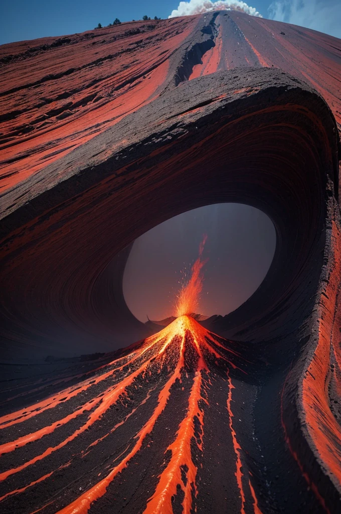 Photorealistic black mountain: (powerful red volcano eruption flow) 16 k highly detailed masterpiece