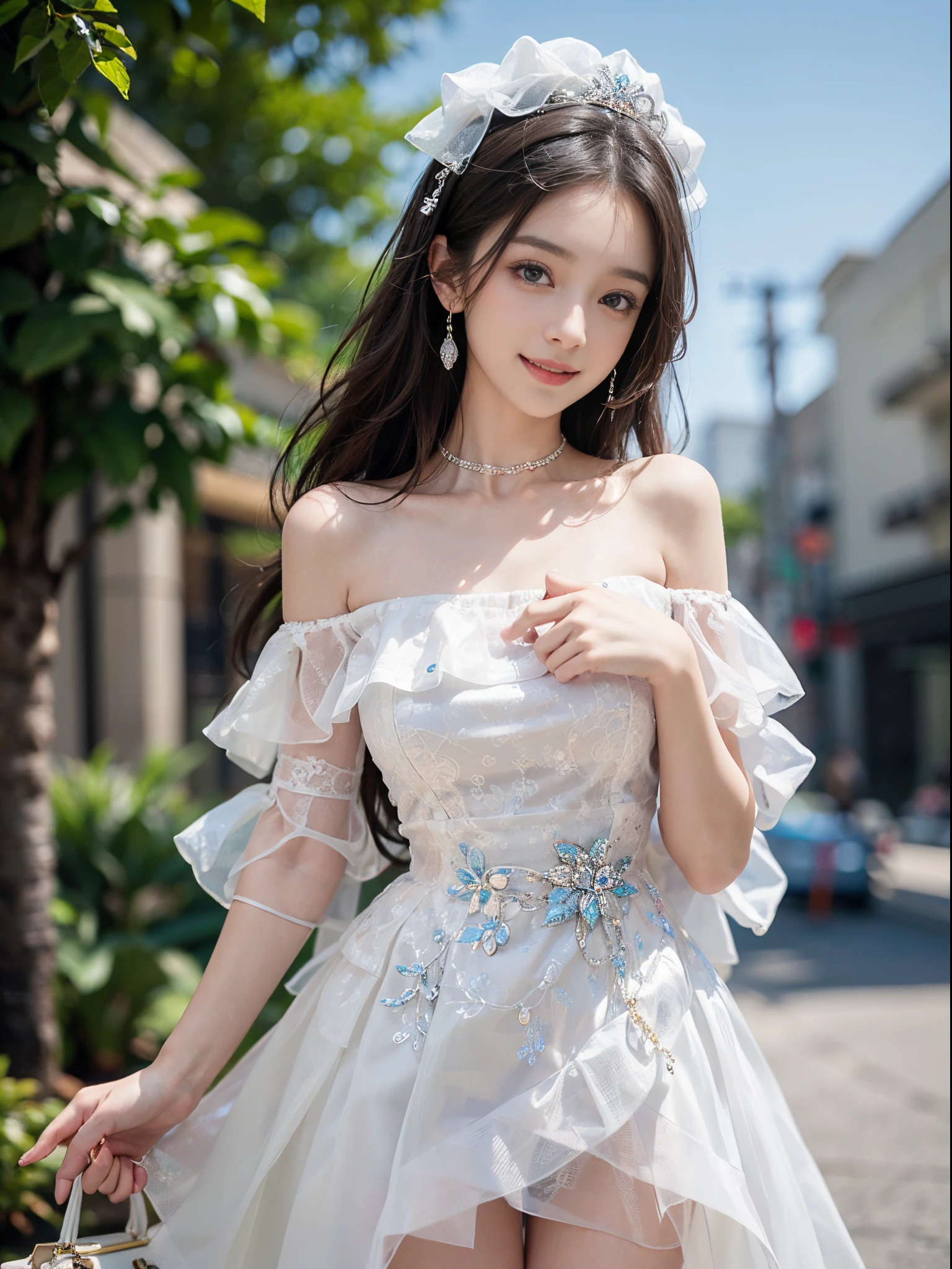 (A beautyful girl,young female model,Sweet girly outfit,Off-the-shoulder dress,jewely, (The white, blue), exteriors, Random scenes, Random shooting angle, Random pose, posing elegantly,Deleite para la vista, tmasterpiece, Best quality at best, Extremely detailed description, Ultra-fine painting, delicated face, slim toned body, ssmile, Hefty Smile)
