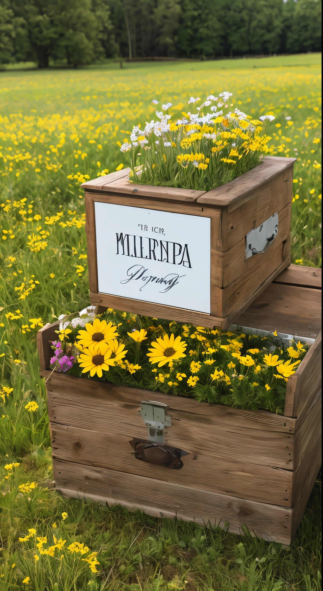 spring meadow scene, flowers for sale in foreground in rustic style box
