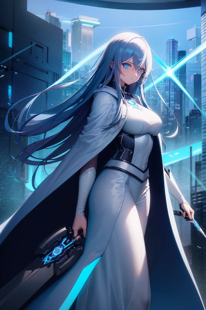 1 girl, crystal blue eyes, long white hair with blue highlights, futuristic outfit, hood, holding a sword, futuristic city, absurdities, high resolution, ultra-sharp, 8K, masterpiece, looking at viewer