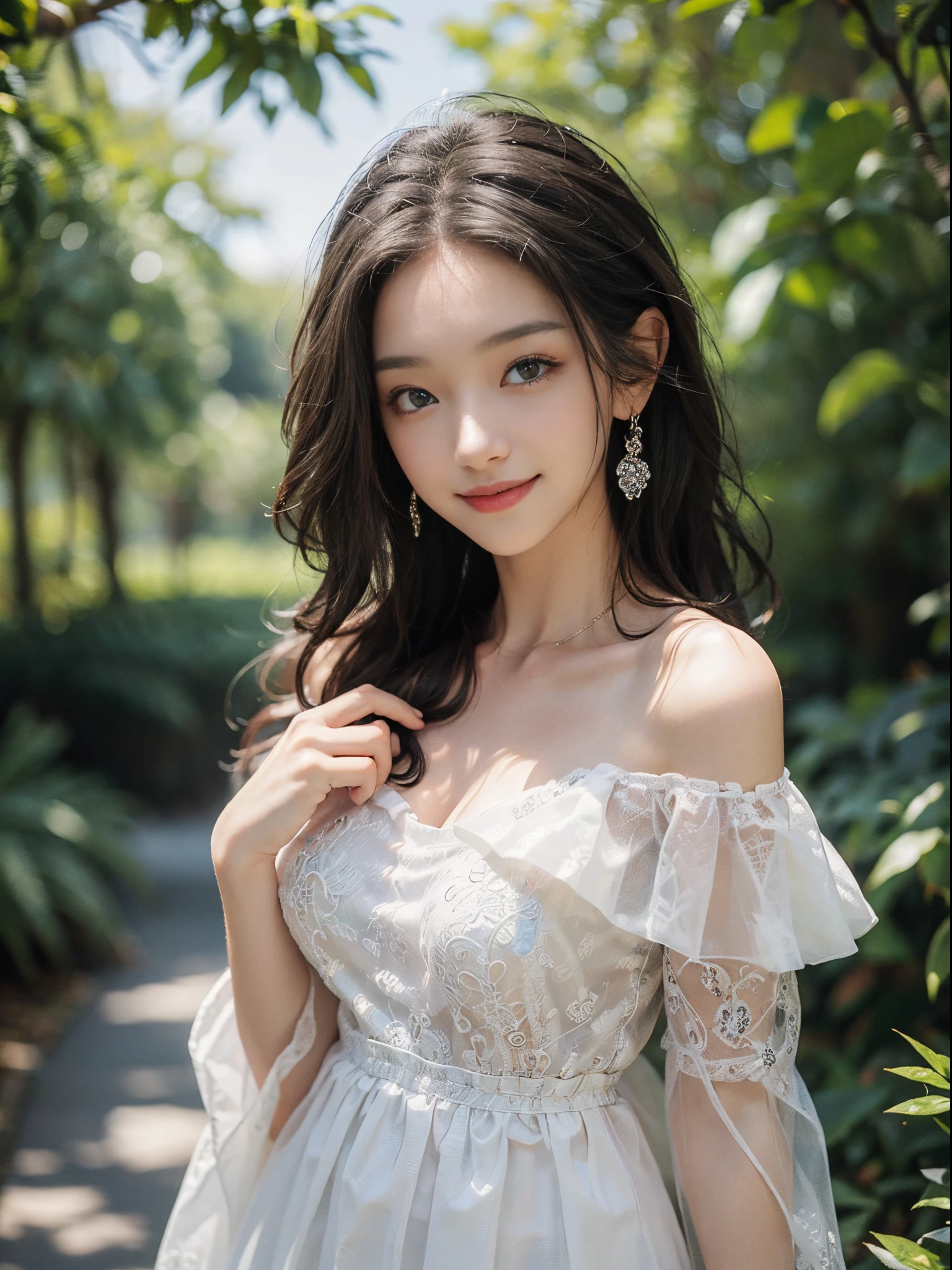 a beautiful girl, a young female model, a sweet girl's outfit, an off-shoulder dress, jewelry, (white, blue), outdoors, random scene, random shooting angle, random pose, elegant pose, visually appealing, masterpiece, (best quality, 4k, 8k, highres, masterpiece:1.2), ultra-detailed, ultra-fine painting, exquisite face, slender figure, smiling, radiant smile