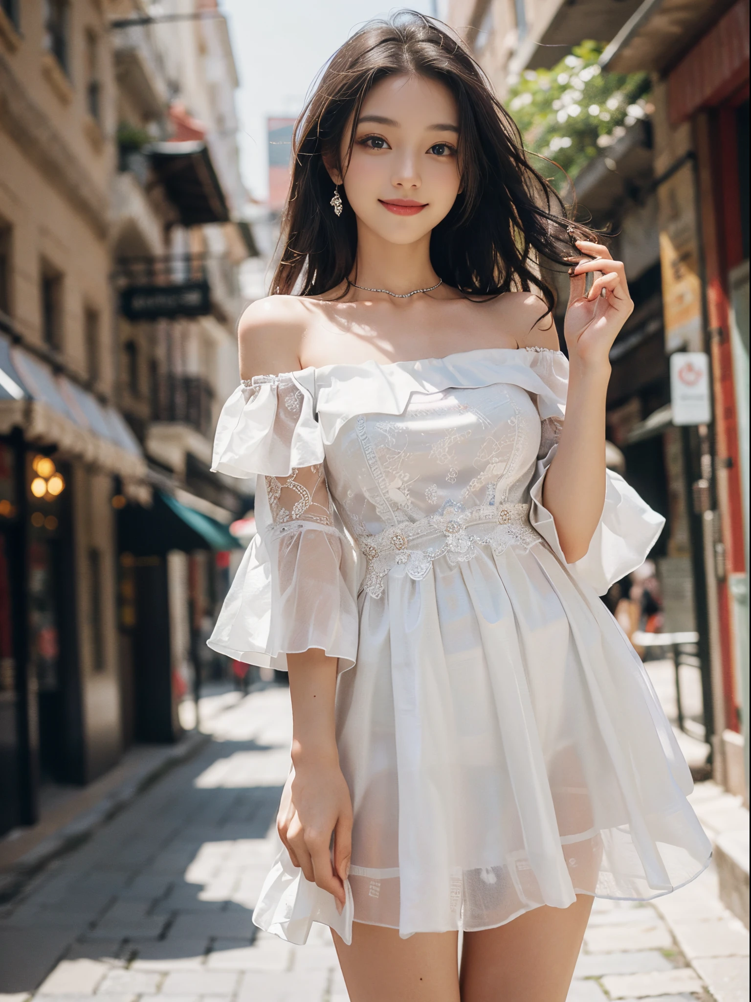 a beautiful girl, a young female model, a sweet girl's outfit, an off-shoulder dress, jewelry, (white, blue), outdoors, random scene, random shooting angle, random pose, elegant pose, visually appealing, masterpiece, (best quality, 4k, 8k, highres, masterpiece:1.2), ultra-detailed, ultra-fine painting, exquisite face, slender figure, smiling, radiant smile