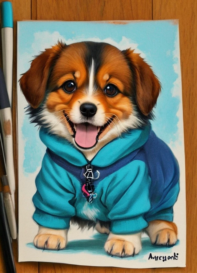 Heals、A cute smiling puppy、With loose characters、Please draw in anime style。