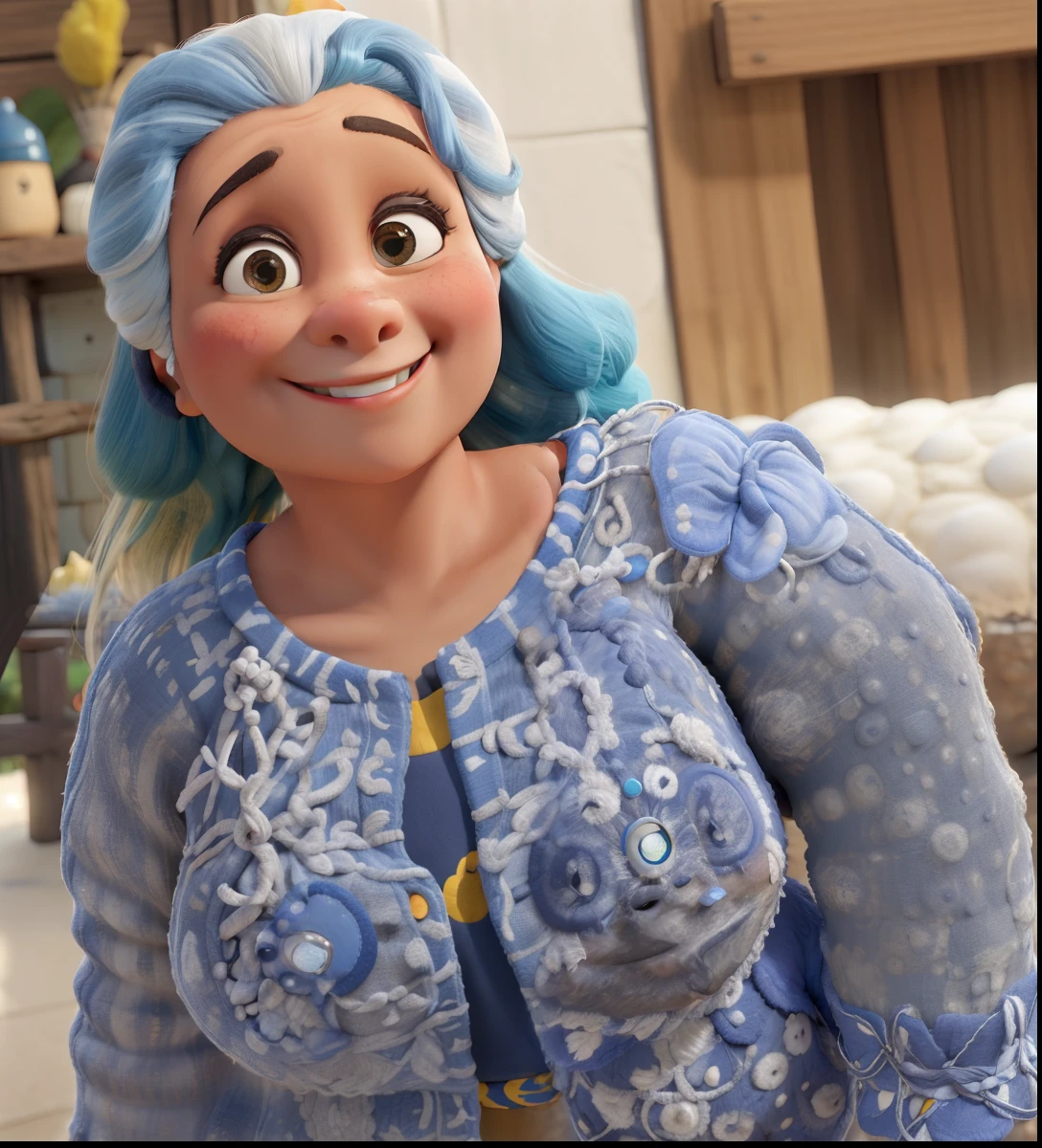 obra-prima, de melhor qualidade, uma senhora sorrindo, olho preto, cabelos grisalhos, veste uma bata estampada com azul e branco, sentada em uma cadeira.