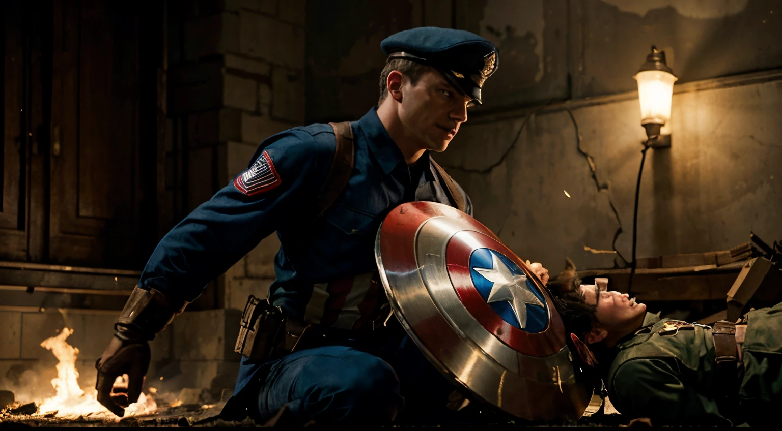 Image of Captain America fighting with a soldier, during World War II. He is wearing his classic uniform of the era, complete with his battle shield. The scene should convey the feeling of combat in war, with visible details of the costume and shield. The setting should reflect the warfield environment, with attention to historical details, with soft colors. The image must be detailed and have 8k resolution.