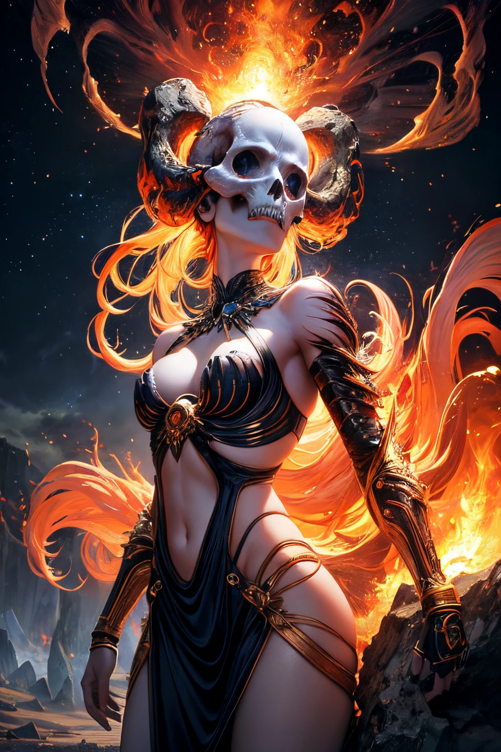 Ultra-detailed 16K resolution, Realistic Apocalypse with Astro Twist. The skull, reminiscent of a rock star, is featured in intricate detail against a backdrop of chaos. Smoke engulfs the scene, flames rage, and lightning illuminates the sky. The celestial elements integrated into the skull's design give it a cosmic, otherworldly vibe. This design captures the intensity of an apocalypse with a unique astro-rock aesthetic((best quality)), ((master part)), (circunstanciado), rosto perfeito