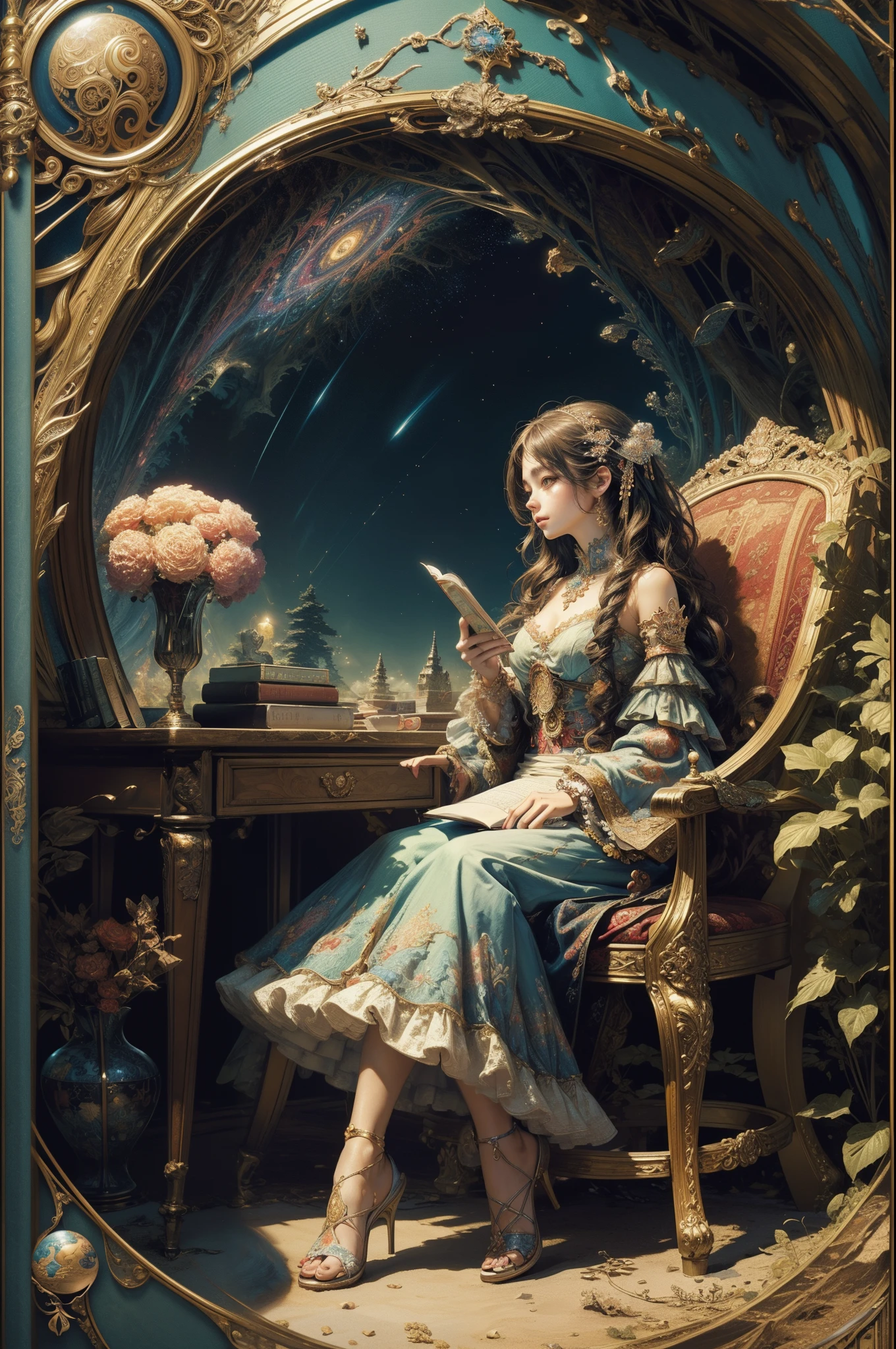 (masterpiece, top quality, best quality, official art, beautiful and aesthetic:1.2), (1girl), cute, extreme detailed,(fractal art:1.3),colorful,highest detailed, reading book, pet dog, peaceful environment