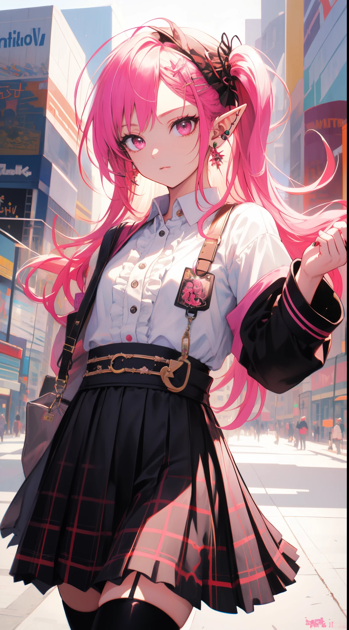 (Masterpiece, Award winning , Best Quality:1.2), 1elf girl, art by Yusuke Murata, solo, menhera, Yamikawa Punk, jirai kei, (jirai kei fashion:1.1), detailed face, pink eyes, white Blouse, Frills, Skirts, Various accessories, (ear piercing), Japanese subculture, fashion, grunge, noise pop, Manic, punky style, (Akihabara:1.1), Stockings, colorful, pink theme, (Dark circles:1.2), 16k, UHD, HDR,(Masterpiece:1.5), (best quality:1.5), style by Artgerm,