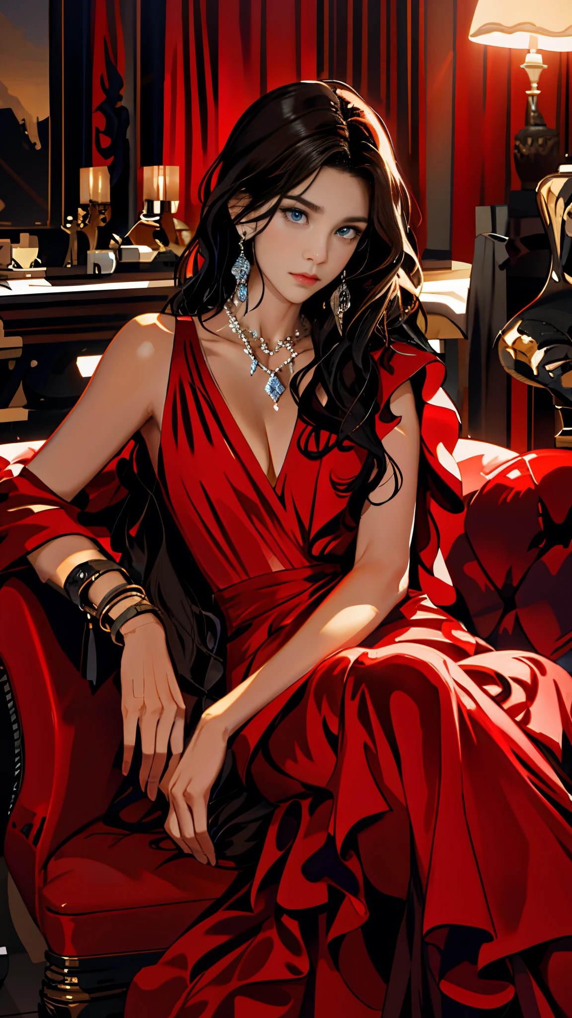 （tmasterpiece，A high resolution，ultra - detailed:1.0），1 girl，Beautiful face，Perfect female body，（Adult female:1.3）, （Delicate eyes），eye looking to camera，Extremely detailed CG，Unity 8k wallpaper，Complicated details,color difference,Depth of field,dramatic shadow,Ray tracing,Best quality,Cinematic lighting,，solo person, Detailed face, (Modern attire，Red evening dress、earring、necklace，Wavy hair，half closed eye，Arrogant and grim expression)，grand ballroom，Sit on the sofa，Portrait，Show forehead