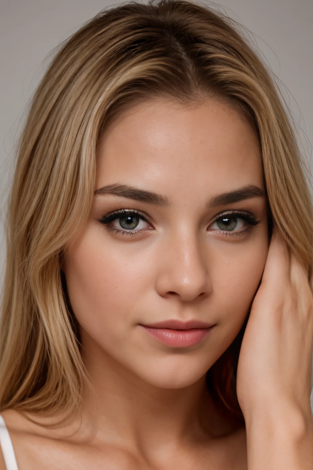 Un primer plano de una foto de una rubia con ojos perfectos,
