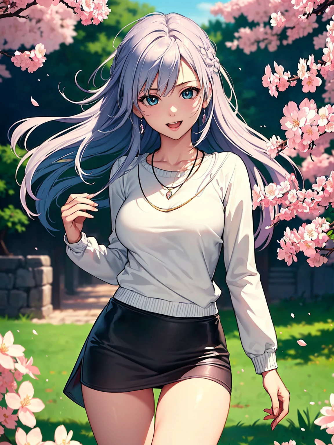 (top quality picture、masterpiece level、very high res、An ultra-high picture quality、High quality pixels)、(1girl in,She is a very beautiful woman、and she is 20 years old、1 person、Single、Beautiful beauties,Beautiful face written in detail,Beautiful body,Strong-willed eyes,beautidful eyes,Beautiful hair,Beautiful skin texture,Beautiful hair quality)、(Slender body and beautiful breasts)、(Lovely smile,Open mouth)、(Wear a sweater with long sleeves,1 diamond necklace,wearing miniskirt,Wearing clothes that expose your shoulders,Beautiful legs are visible,adult-like),(A path lined with flourishing cherry blossom trees,The wind is blowing,Styling hair by hand,hair affected by wind),(Beautiful Art Style,an animated character、The whole picture、Detailed picture、accurate anatomy、Defect-free images、extremely detailed picture、Accurate images、image perfect)、(Best Shot Photo 1.2)