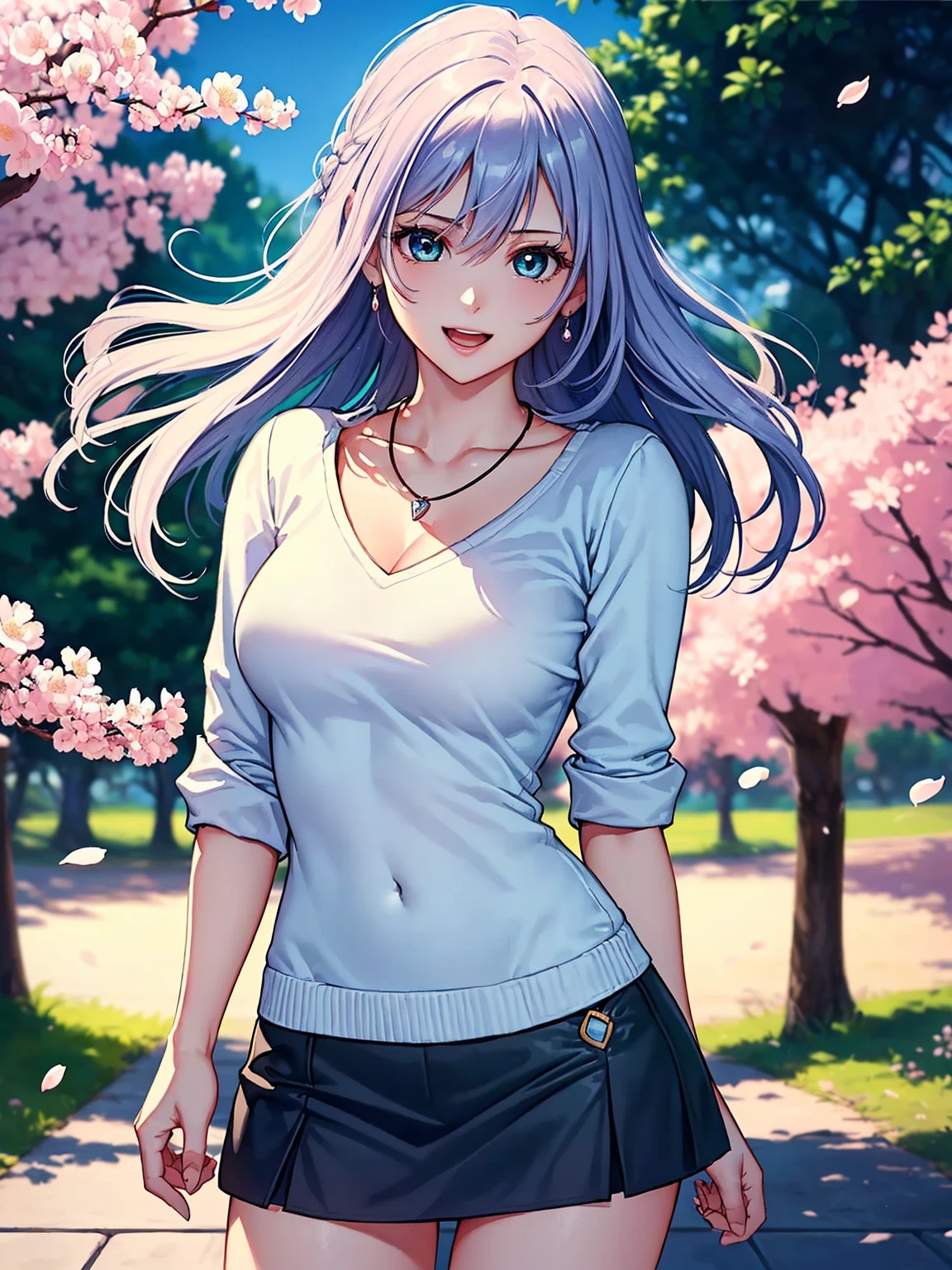 (top quality picture、masterpiece level、very high res、An ultra-high picture quality、High quality pixels)、(1girl in,She is a very beautiful woman、and she is 20 years old、1 person、Single、Beautiful beauties,Beautiful face written in detail,Beautiful body,Strong-willed eyes,beautidful eyes,Beautiful hair,Beautiful skin texture,Beautiful hair quality)、(Slender body and beautiful breasts)、(Lovely smile,Open mouth)、(Wear a sweater with long sleeves,1 diamond necklace,wearing miniskirt,Wearing clothes that expose your shoulders,Beautiful legs are visible,adult-like),(A path lined with flourishing cherry blossom trees,The wind is blowing,Styling hair by hand,hair affected by wind),(Beautiful Art Style,an animated character、The whole picture、Detailed picture、accurate anatomy、Defect-free images、extremely detailed picture、Accurate images、image perfect)、(Best Shot Photo 1.2)