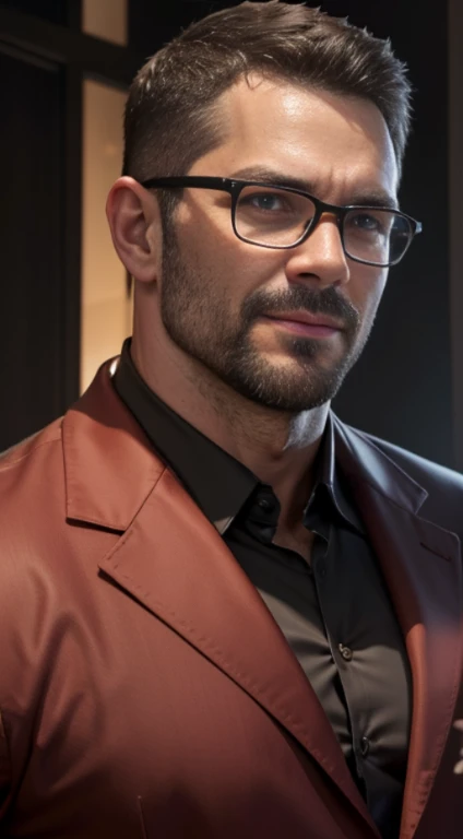 An award-winning original photo,A wild muscular man, (40 years old daddy:1.3), 1boy, Solo, (red suit), black dress shirt, red trouser, black hair, (big shoulders), musculature, stubbles, Short beard, Beautiful eyes:1.3, ), (Detailed face:1.3), wearing glasses, smiling face, elegant pose, Dynamic Angle, bright lighting, (Best quality, A high resolution, Photorealistic), Cinematic lighting, Masterpiece, RAW photo, Intricate details, hdr, depth of field, upper body shot, from below, (a photoshoot), (white blank background)
