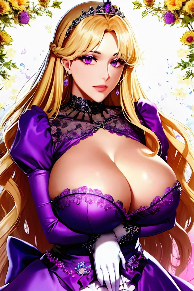 corrupta, shoujo style, floral background, romance manhwa, 1girl, blonde hair, solo, long hair, flower, dress, tiara, white dress, gloves, long sleeves, thick eyeblows, purple eyes, white gloves, purple bow, purple flower, wavy hair, standing, bow, jewelry, looking at viewer, white background, closed mouth, collarbone, puffy sleeves, own hands together, upper body, parted bangs, very long hair, purple dress, frills, bangs, cowboy shot, huge breast, cleavage