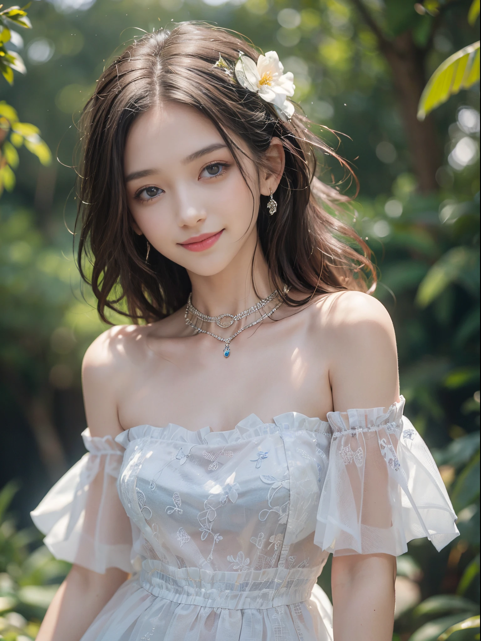 a beautiful girl, a young female model, a sweet girl's outfit, an off-shoulder dress, jewelry, (white, blue), outdoors, random scene, random shooting angle, random pose, elegant pose, visually appealing, masterpiece, (best quality, 4k, 8k, highres, masterpiece:1.2), ultra-detailed, ultra-fine painting, exquisite face, slender figure, smiling, radiant smile