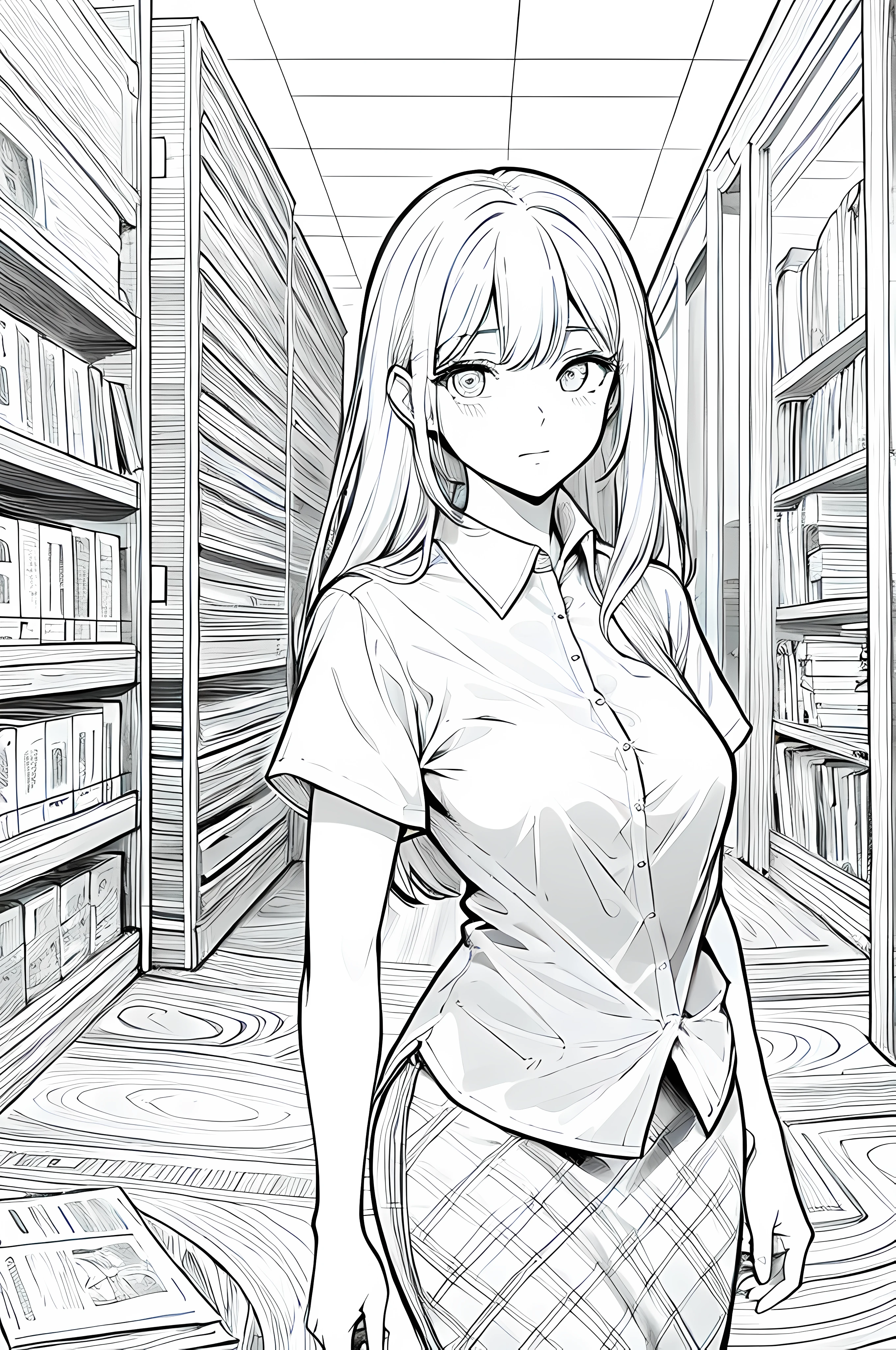 1woman, female, age 19, student, detailed eyes, quality eyes, wearing shirt, short sleeves, (UntuckedShirt:1), (masterpiece:1.2), ((best quality)), untucked shirt, wearing long pencil skirt, full body, anime line art, line art, manga, monochrome, hight quality, detailed