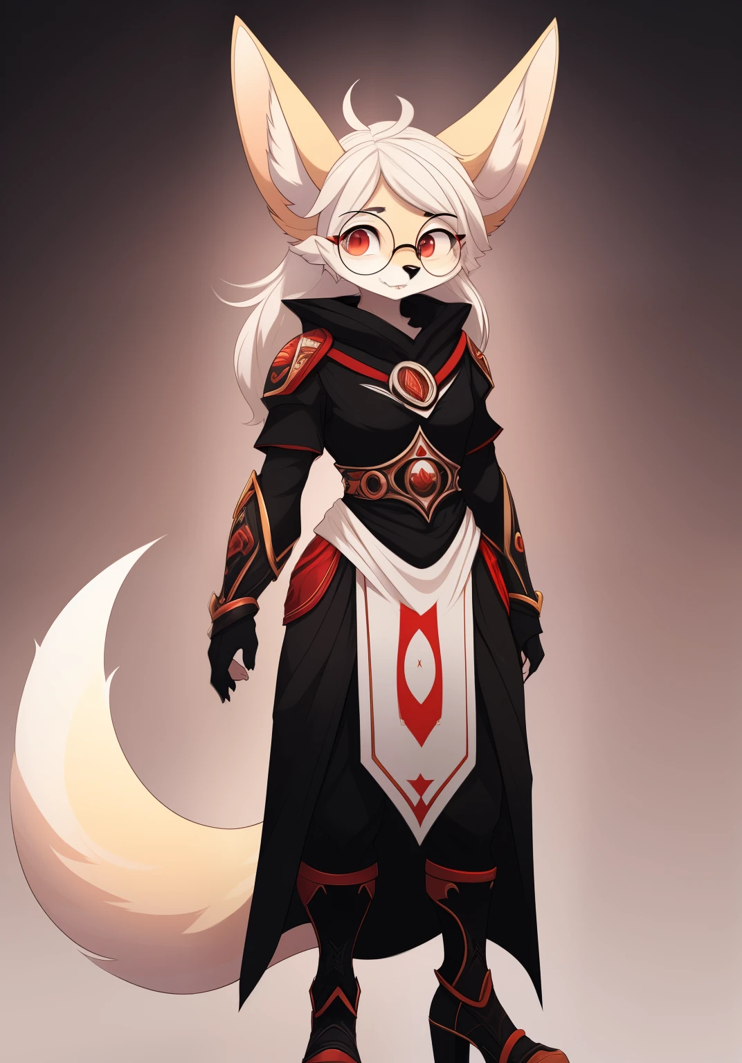 anthro, mommy female white fennec fox, solo, long white hair, red eyes, fangs, full body, one big tail, dark background. dark priest with balck and red cloack, third eye, round glasses, full body