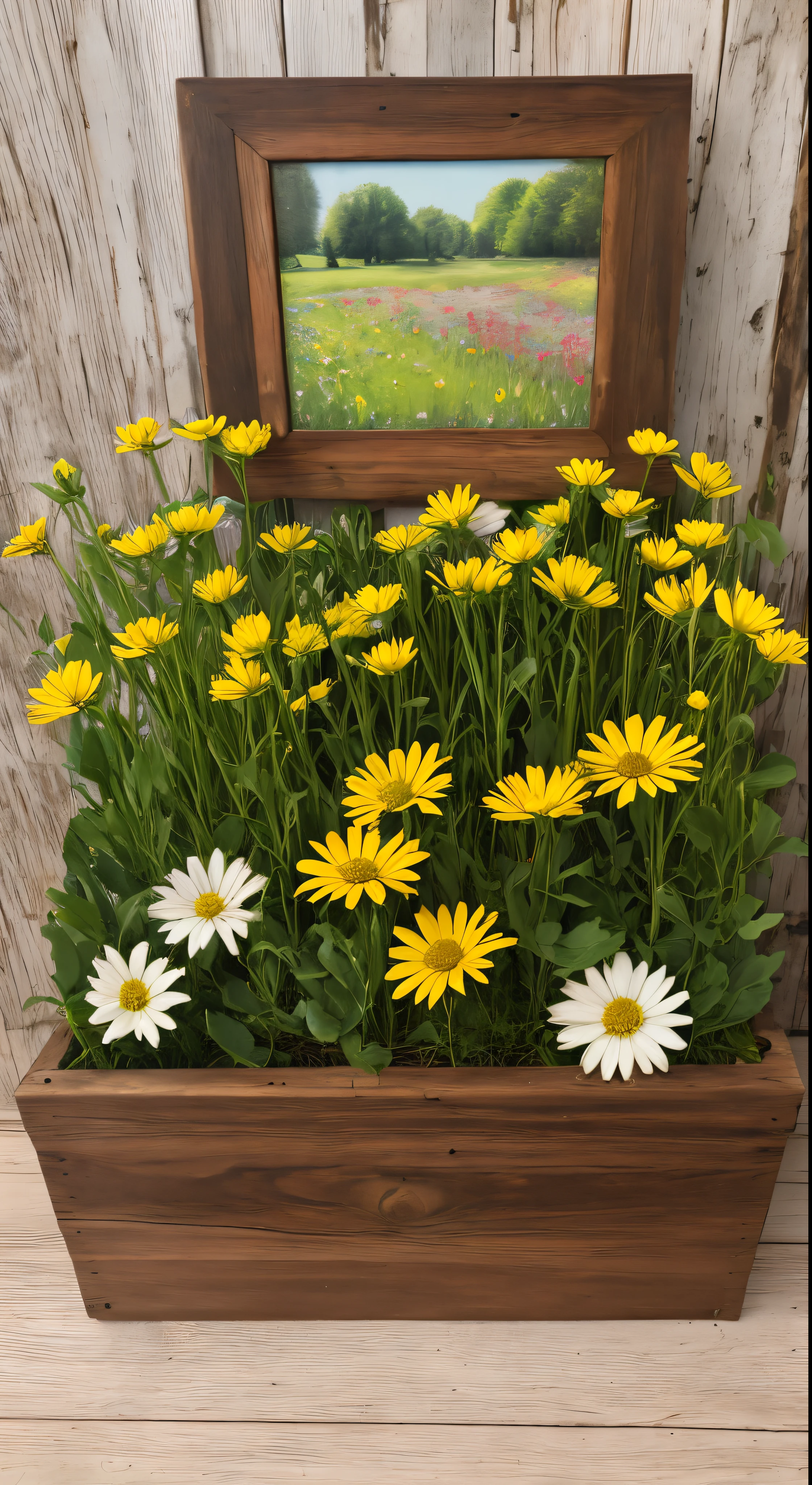 spring meadow scene, flowers for sale in foreground in rustic style box