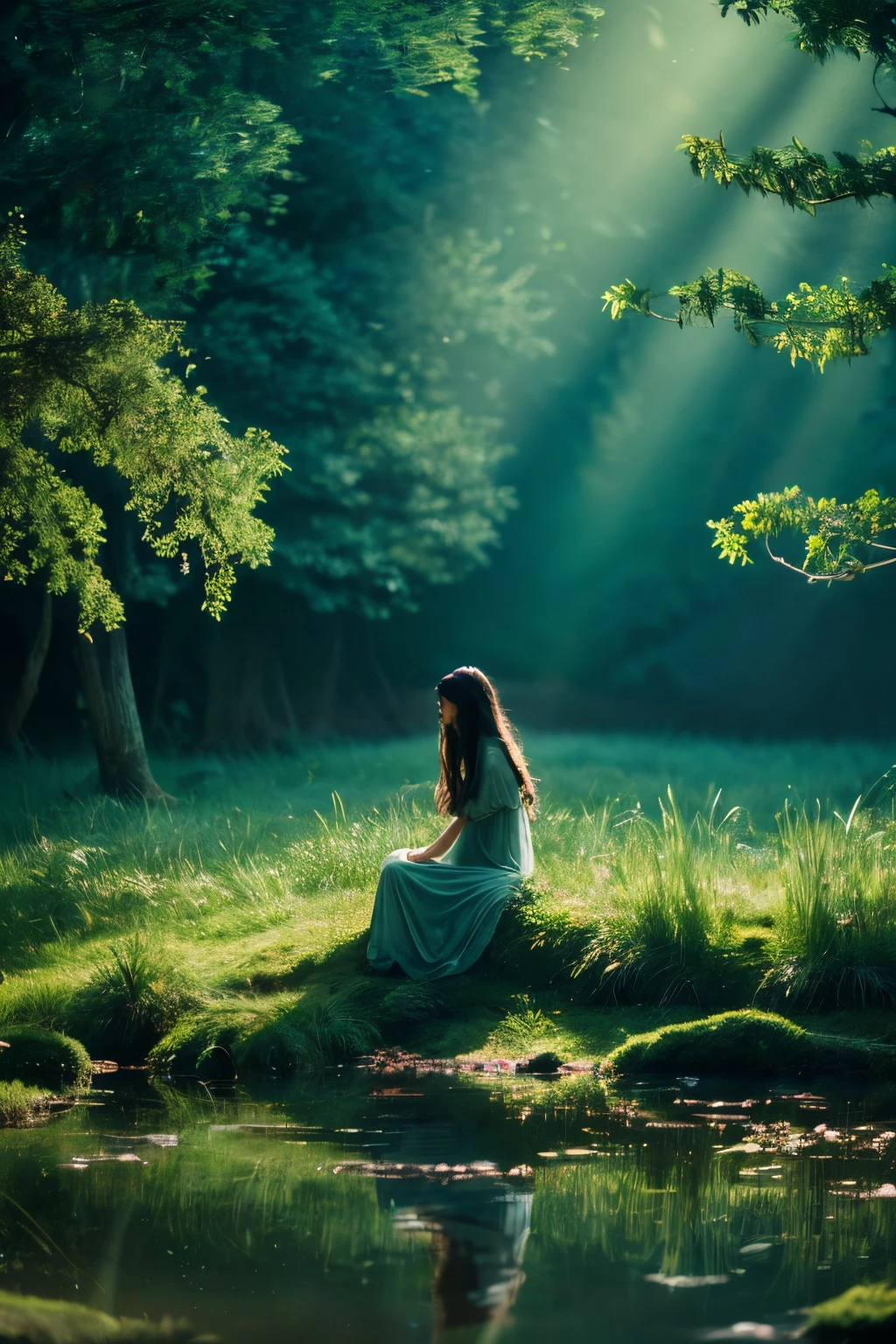 (best quality,4k,highres,ultra-detailed),portrait,realistic,oil painting,dark atmosphere,emerald green tones,dappled sunlight,misty,surreal,ethereal,enchanted atmosphere,lonely,solitude,reflection,twilight,glimmering stars,shimmering water,subtle ripples,silhouette of trees,soft breeze,whispering leaves,hidden creatures,calmness,sense of wonder,curiosity,endless depths,entrancing beauty,deep connection with nature,peaceful presence,gentle whispers of the forest,magic in the air,mystery and enchantment,pure innocence,sublime tranquility,submerged emotions,lost in thoughts,contemplation of the unknown,captivating stillness,dreamlike,unseen secrets,serene gaze,introspective,graceful elegance,delicate features,flowing hair,dew-kissed grass,silvery moonlight,subdued colors,gentle touch of melancholy.