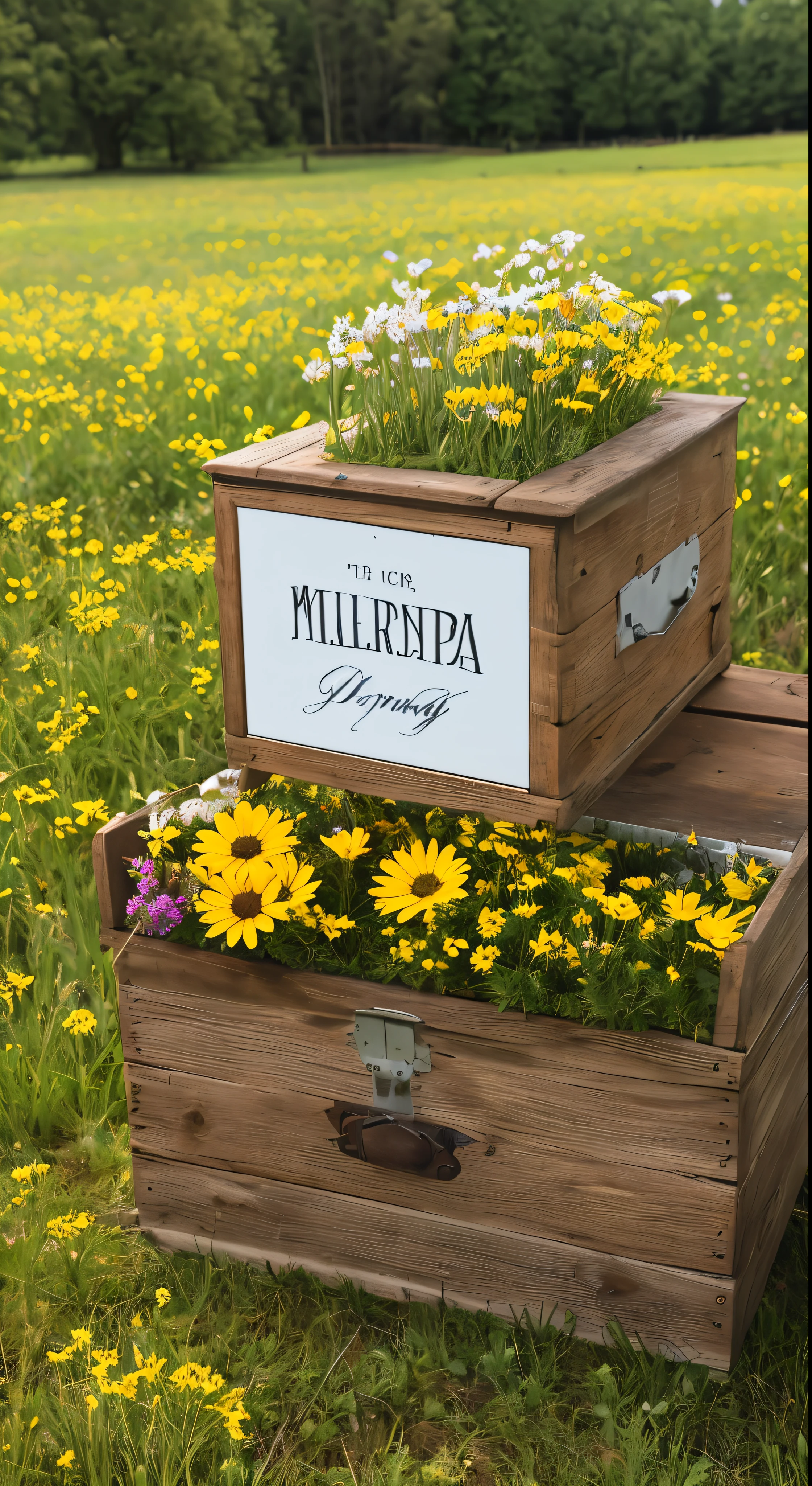 spring meadow scene, flowers for sale in foreground in rustic style box