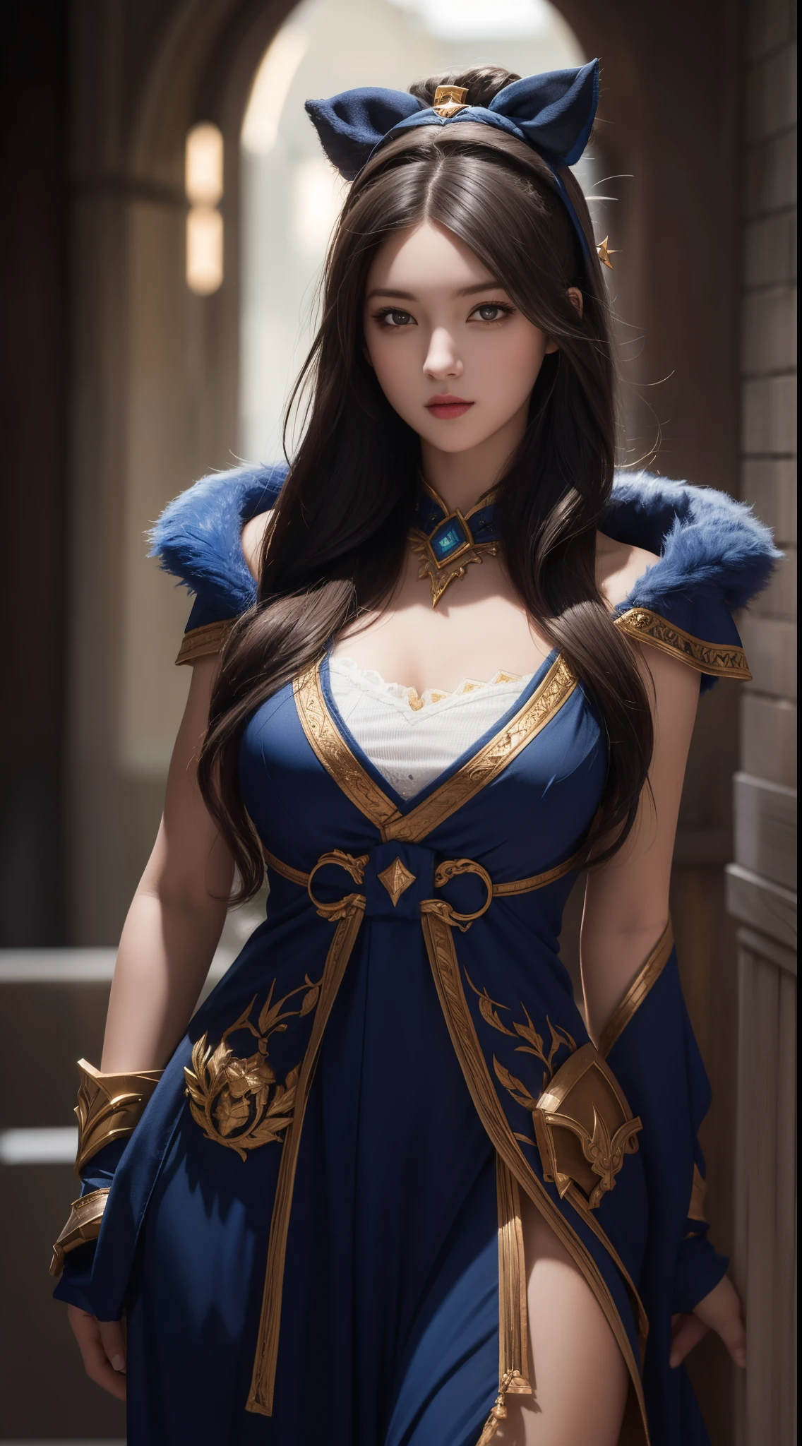 Model DreamShaper Girl ((solo)) with black straight hair , with a face and body like Rosie Jones , Dressed in Blue Retro Rococo Suit Embroidered Bell Sleeve Lace Dress Tunic , She stands tall against the background of the ballroom , her shoes and breasts are visible like Jodie Gasson's ,Very detailed embroidery on the dress , The whole dress is embroidered. Front light .