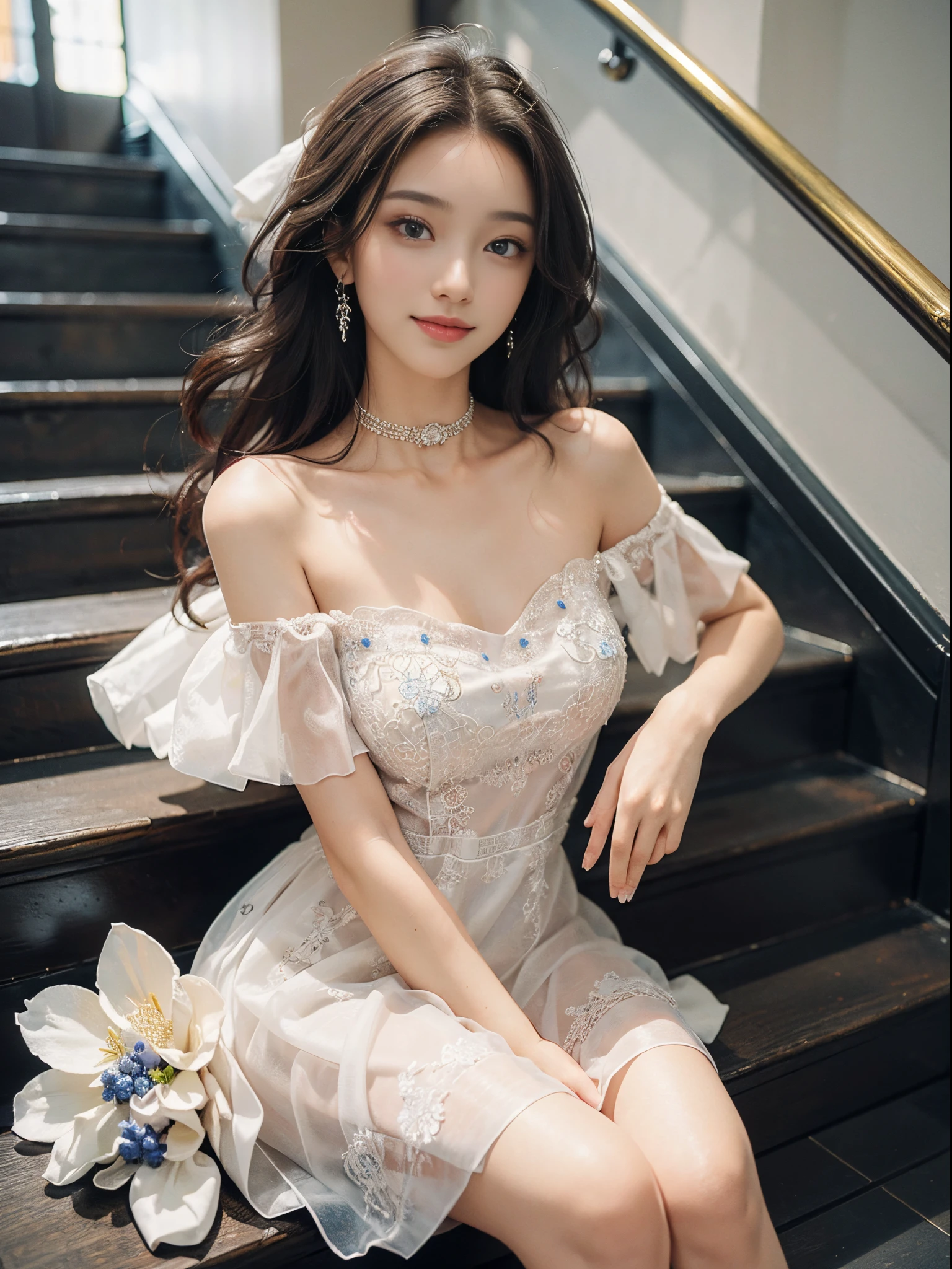 a beautiful girl, a young female model, a sweet girl's outfit, an off-shoulder dress, jewelry, (white, blue),  random pose, elegant pose, visually appealing, masterpiece, (best quality, 4k, 8k, highres, masterpiece:1.2), ultra-detailed, ultra-fine painting, exquisite face, slender figure, smiling, radiant smile, In the stairwell, sitting on the stairs, (from below)