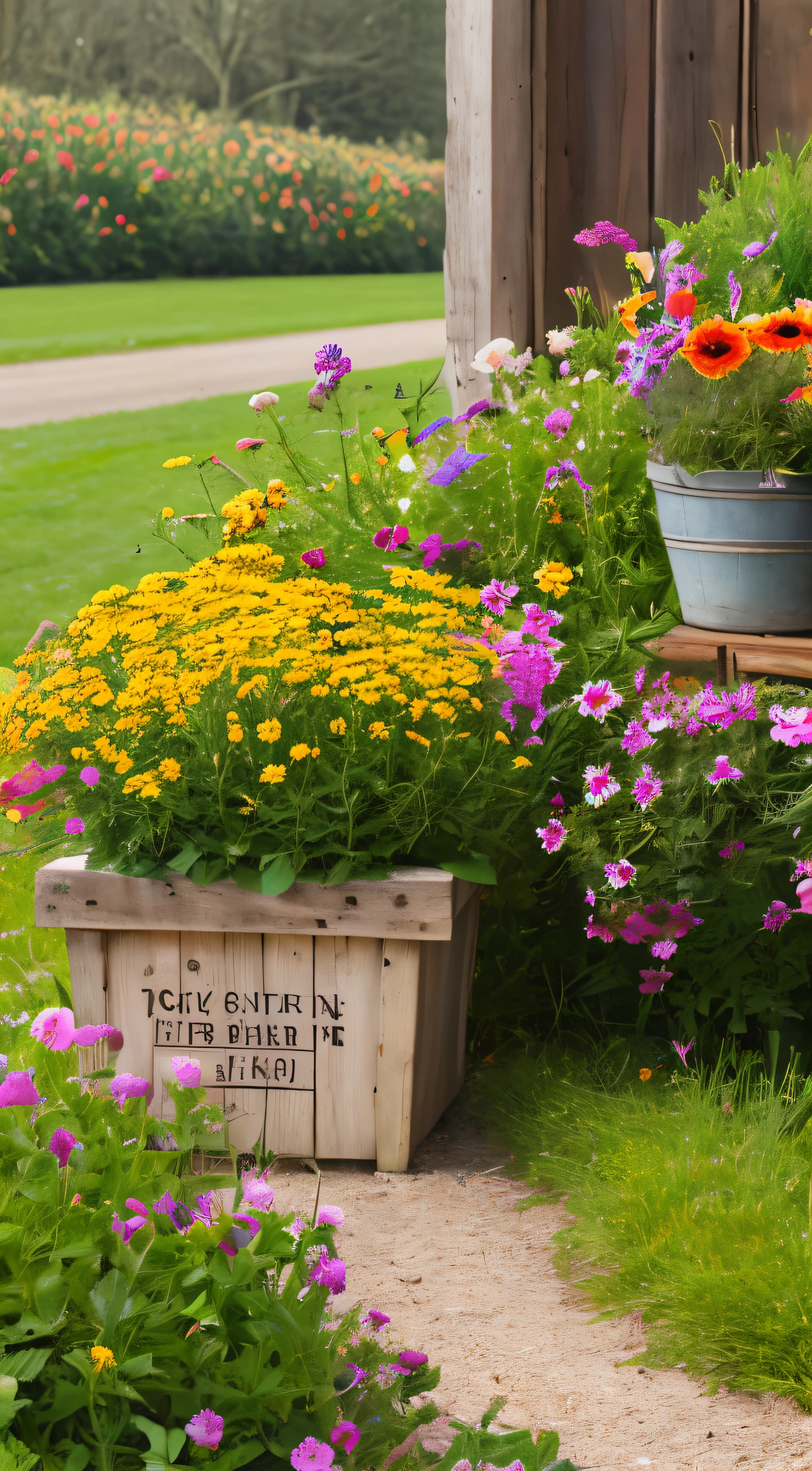 spring meadow scene, flowers for sale in foreground in rustic style box