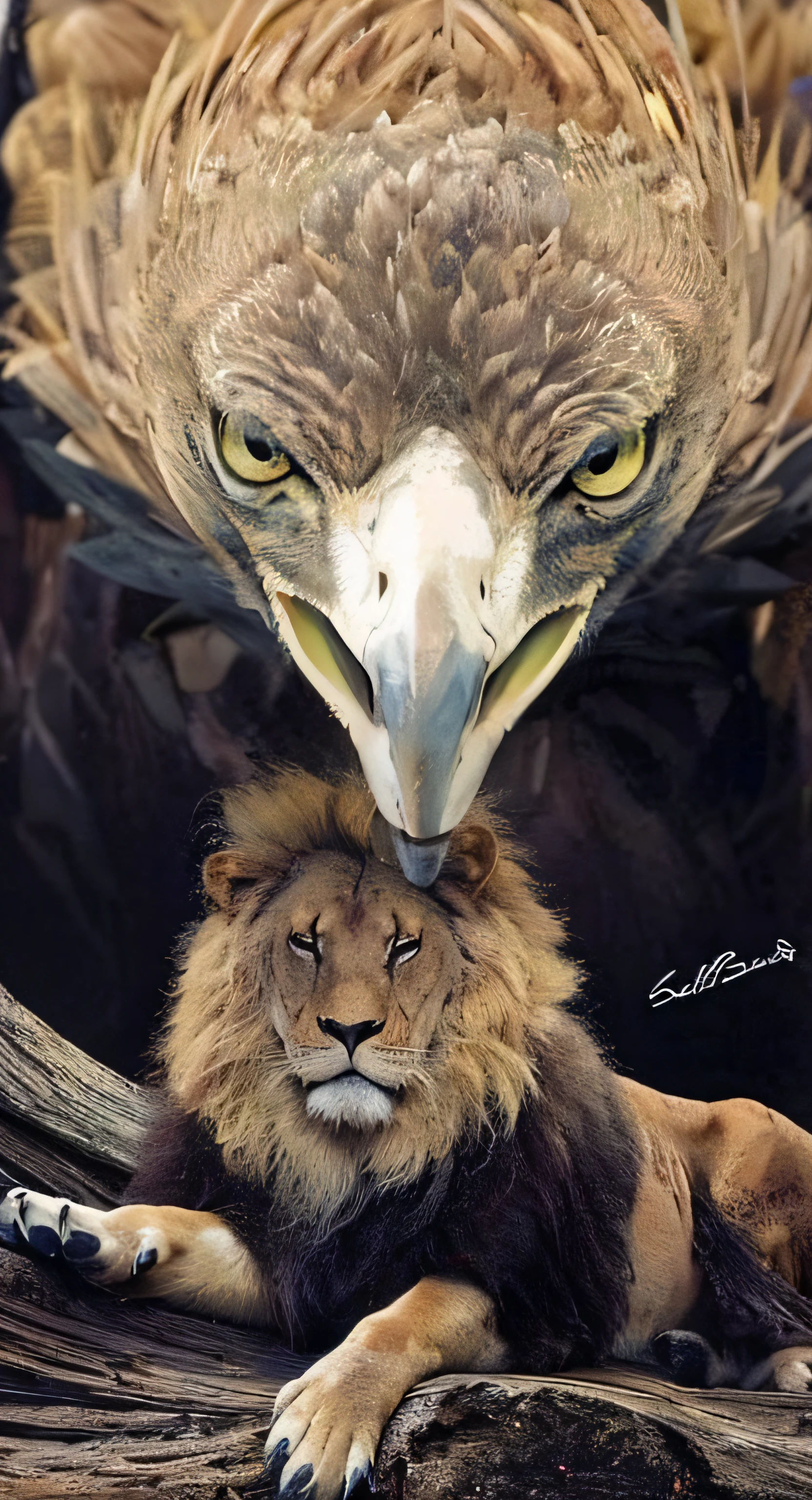 There is a big eagle and a lion lying on a tree branch, majestoso!!! Beautiful!!!, olhar orgulhoso, with the beak of an eagle, ✏️🎨, olhar orgulhoso, with great birds, olhar orgulhoso, ultra realistic!!!, vista majestosa, real picture taken in zoo, eagles, arte bonita, holding a 🛡 and an 🪓, Arte realista